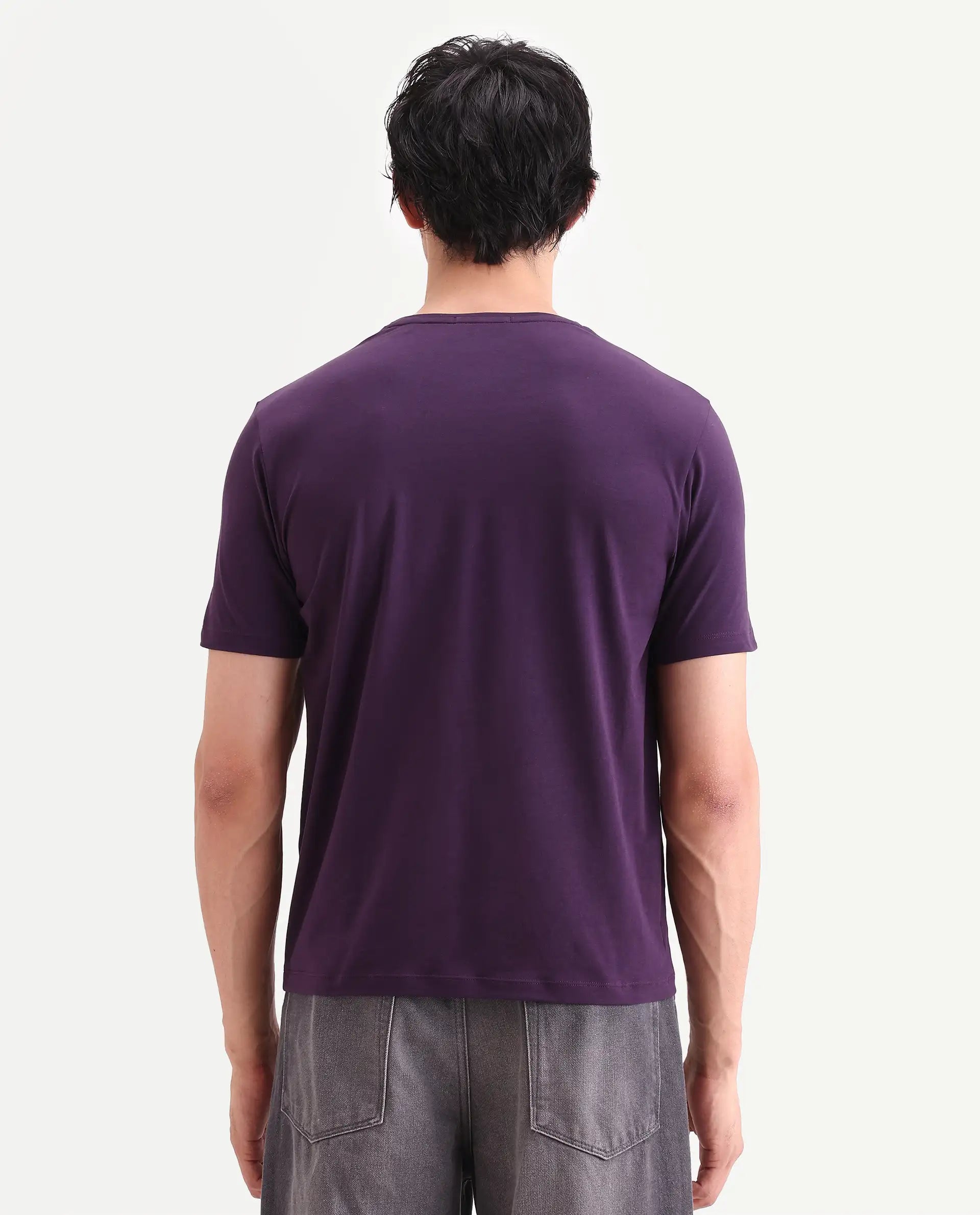 Rare Rabbit Men's Rabbit-S26 Dark Purple Cotton Blend Fabric Half Sleeve Crew Neck Regular Fit Plain T-Shirt