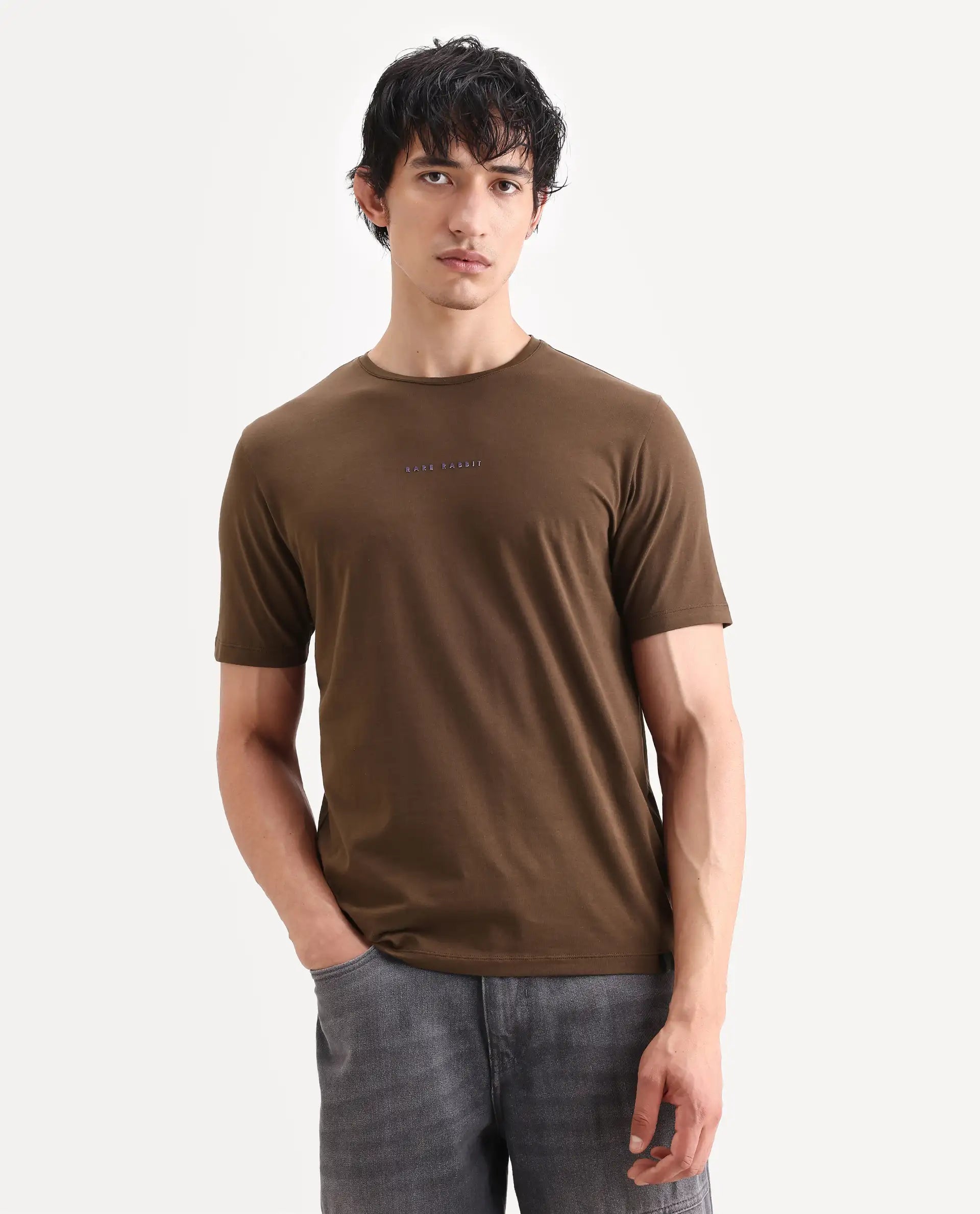 Rare Rabbit Men's Rabbit-S26 Brown Cotton Blend Fabric Half Sleeve Crew Neck Regular Fit Plain T-Shirt