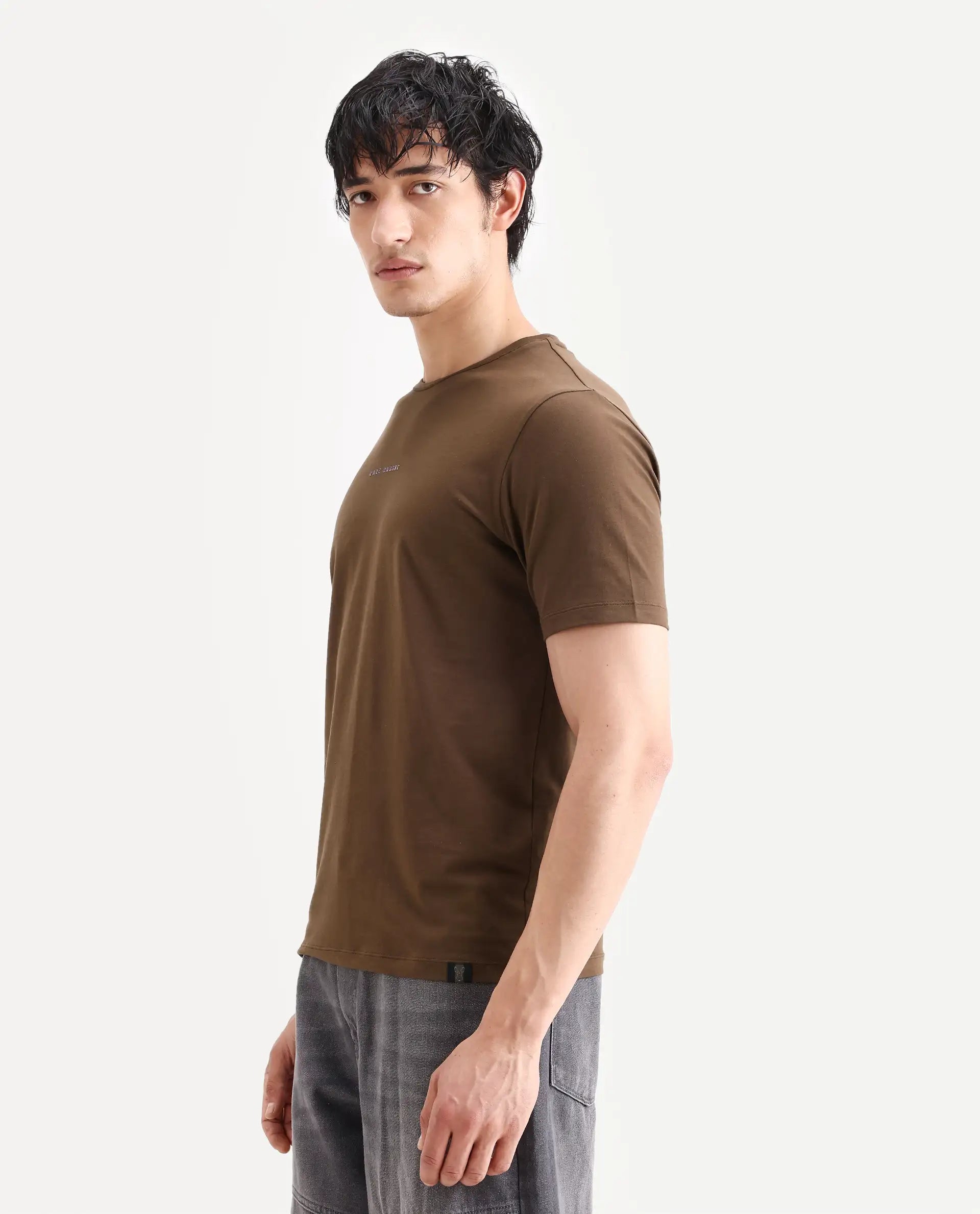 Rare Rabbit Men's Rabbit-S26 Brown Cotton Blend Fabric Half Sleeve Crew Neck Regular Fit Plain T-Shirt