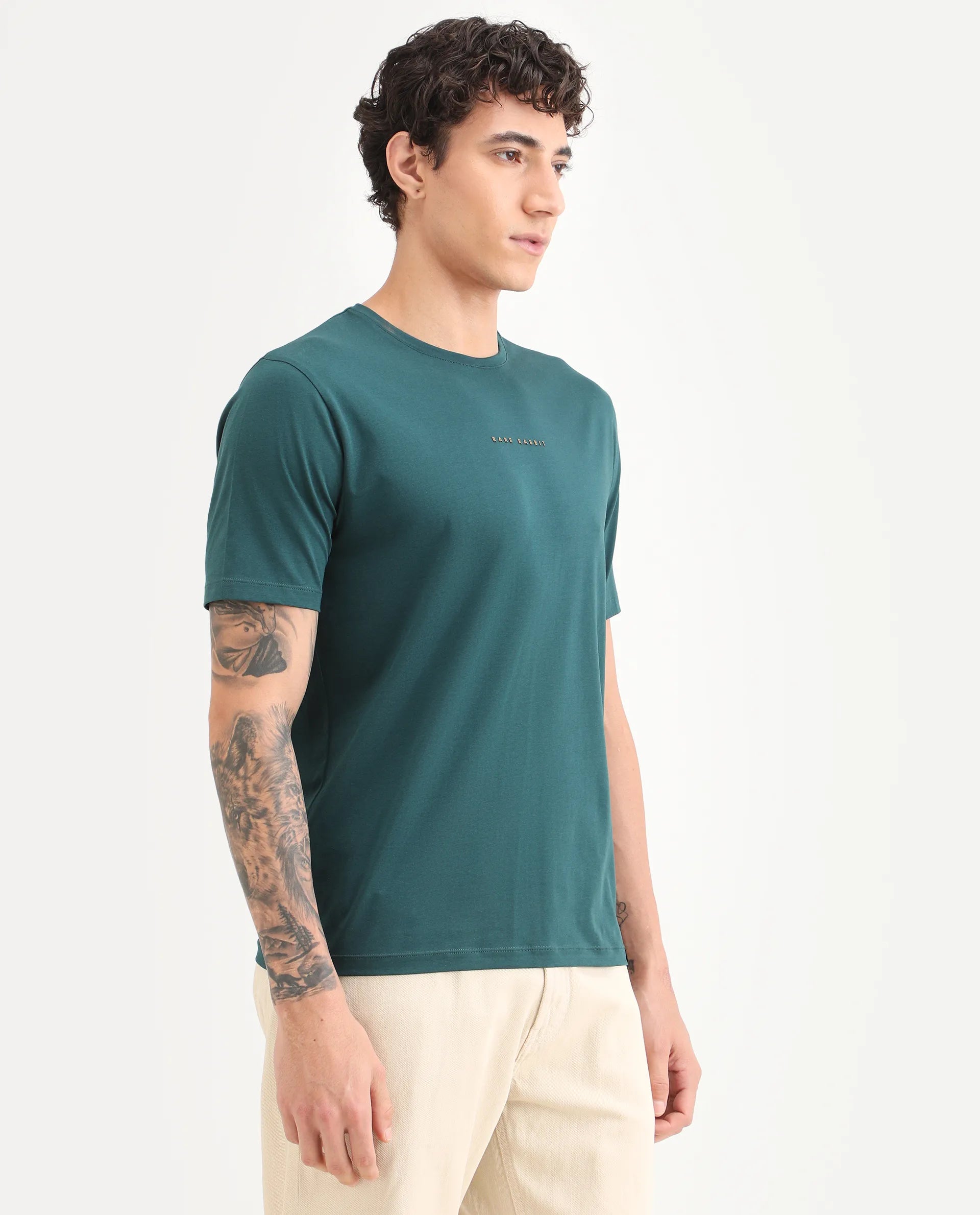 Rare Rabbit Men's Rabbit-S26 Dark Green Cotton Blend Fabric Half Sleeve Crew Neck Regular Fit Plain T-Shirt