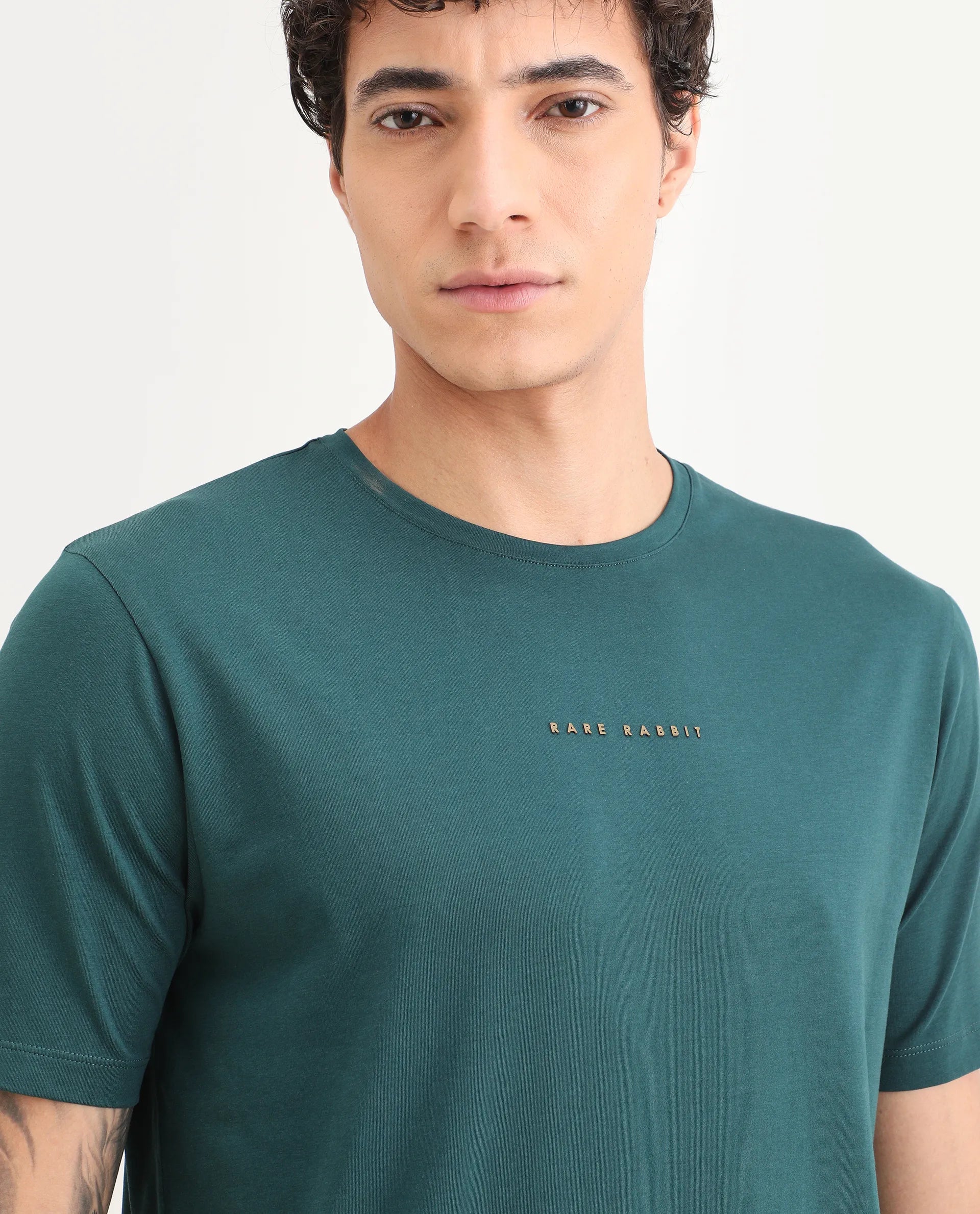 Rare Rabbit Men's Rabbit-S26 Dark Green Cotton Blend Fabric Half Sleeve Crew Neck Regular Fit Plain T-Shirt