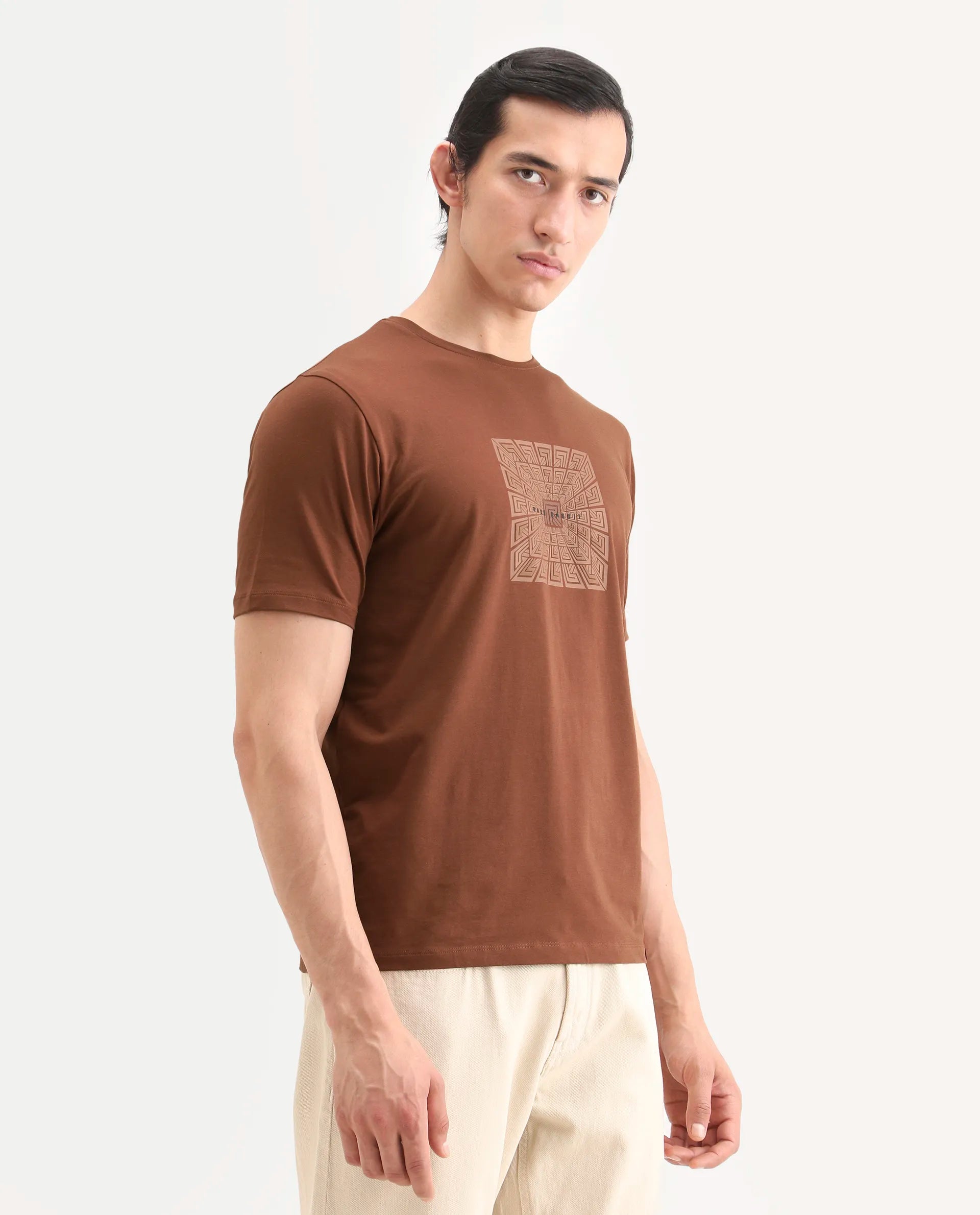 Rare Rabbit Men's Rapo Pastel Rust Cotton Blend Fabric Half Sleeve Crew Neck Regular Fit Graphic Print T-Shirt