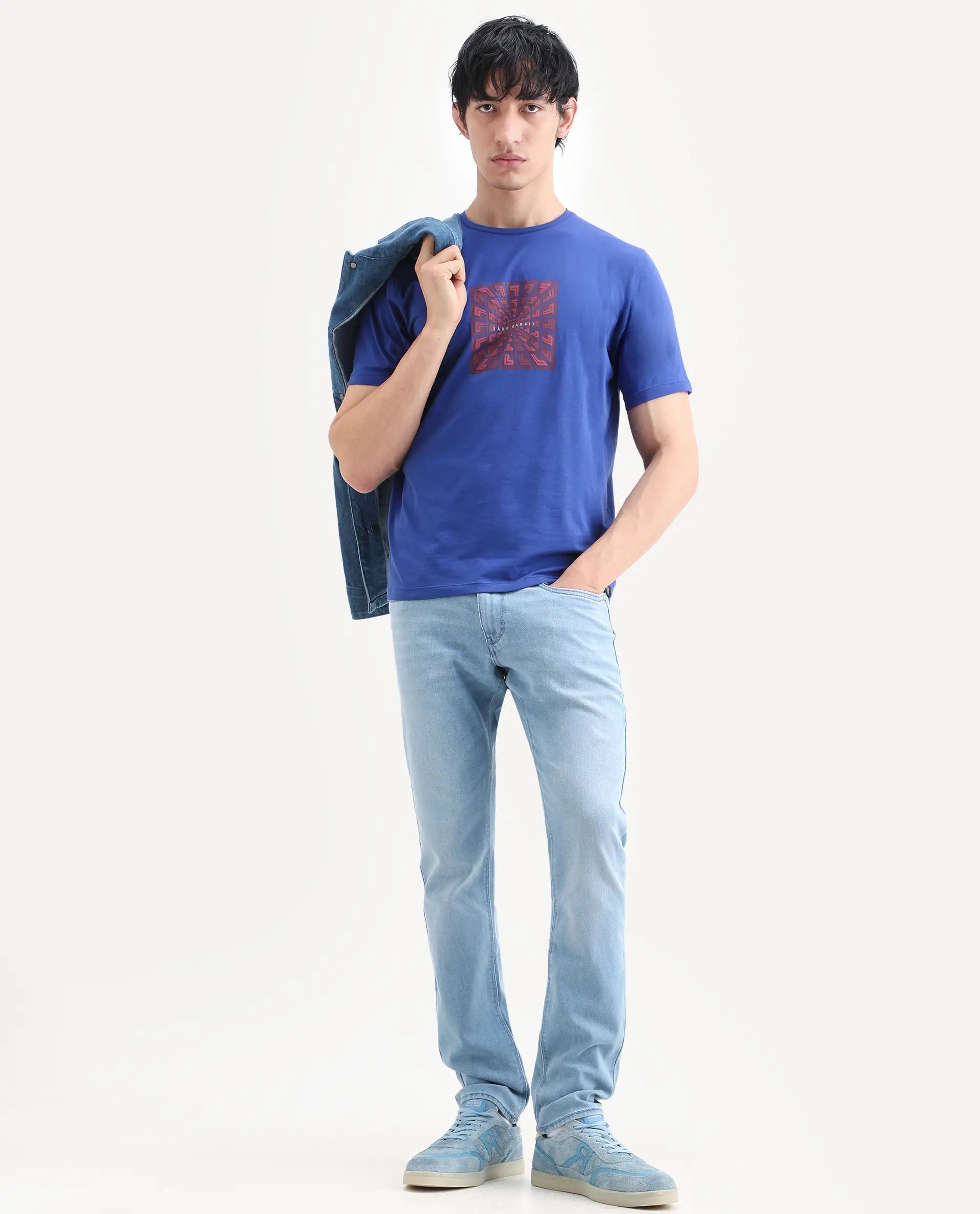 Rare Rabbit Men's Rapo Flouroscent Blue Cotton Blend Fabric Half Sleeve Crew Neck Regular Fit Graphic Print T-Shirt