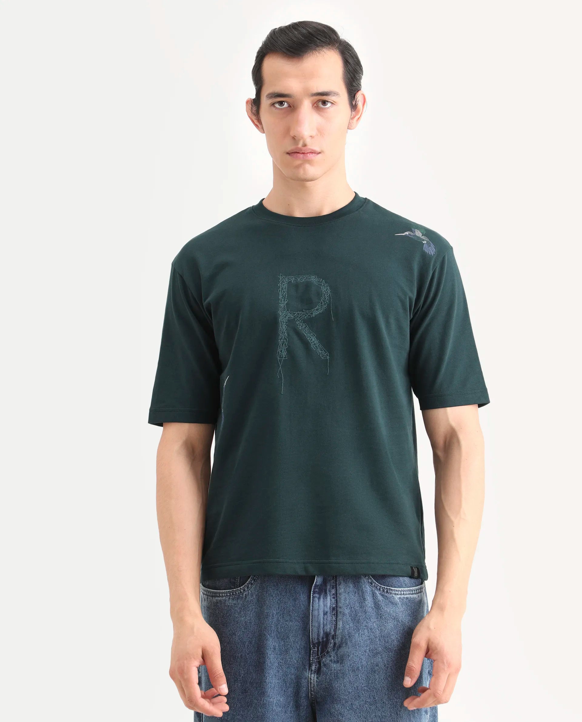 Rare Rabbit Men's Rapot Dusky Green Cotton Fabric Half Sleeve Crew Neck Oversize Fit Graphic Print T-Shirt