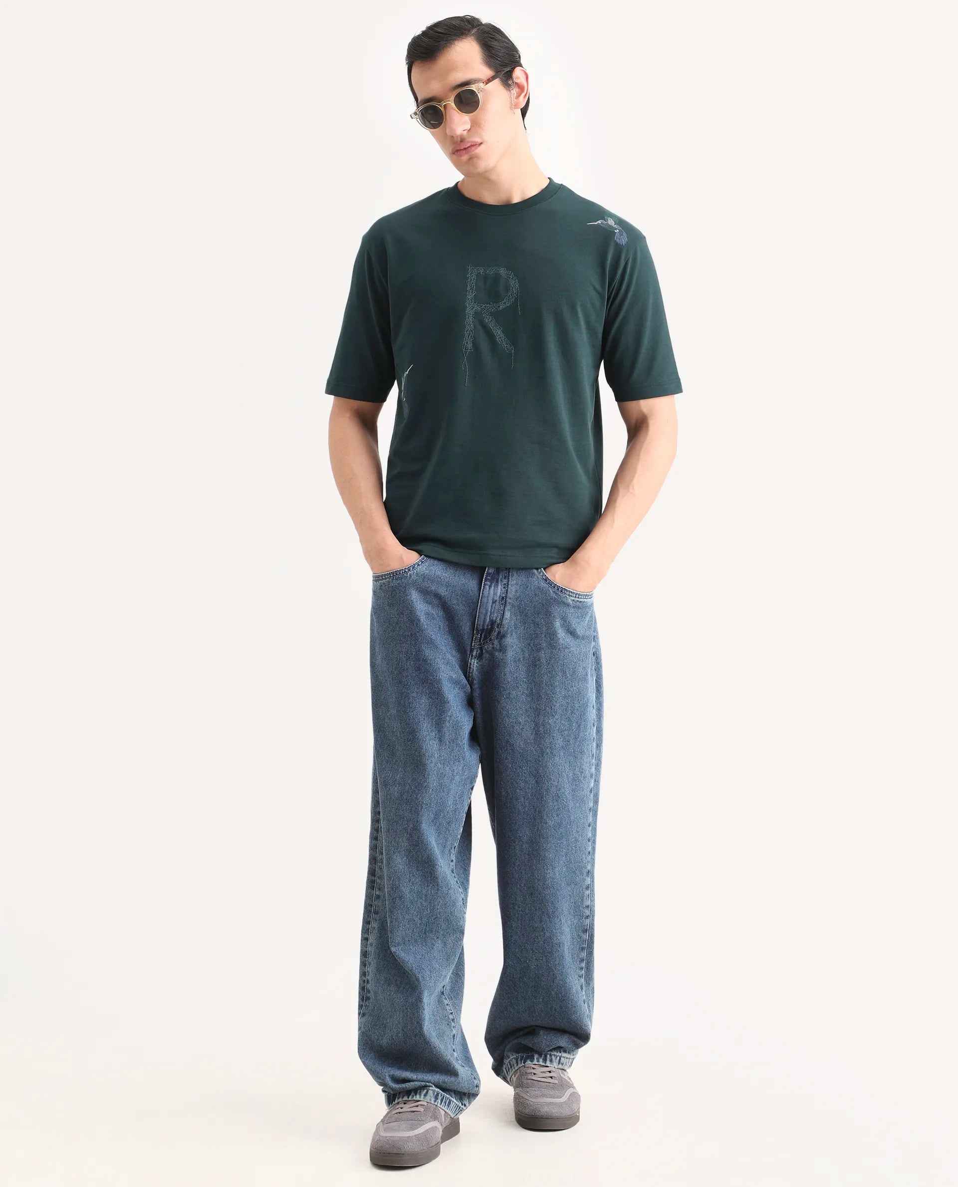 Rare Rabbit Men's Rapot Dusky Green Cotton Fabric Half Sleeve Crew Neck Oversize Fit Graphic Print T-Shirt