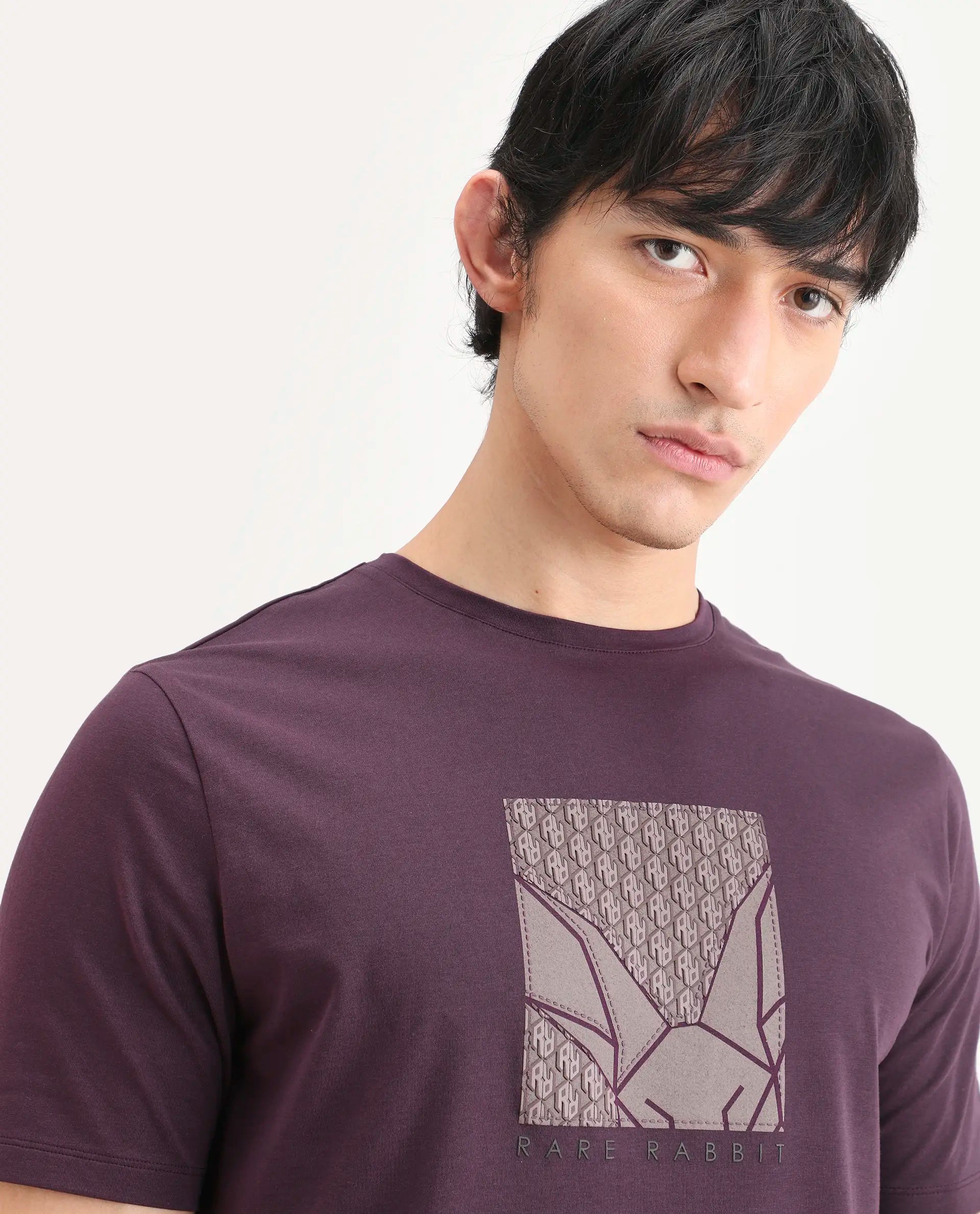Rare Rabbit Men's Reg Dark Purple Cotton Blend Fabric Half Sleeve Crew Neck Regular Fit Graphic Print T-Shirt