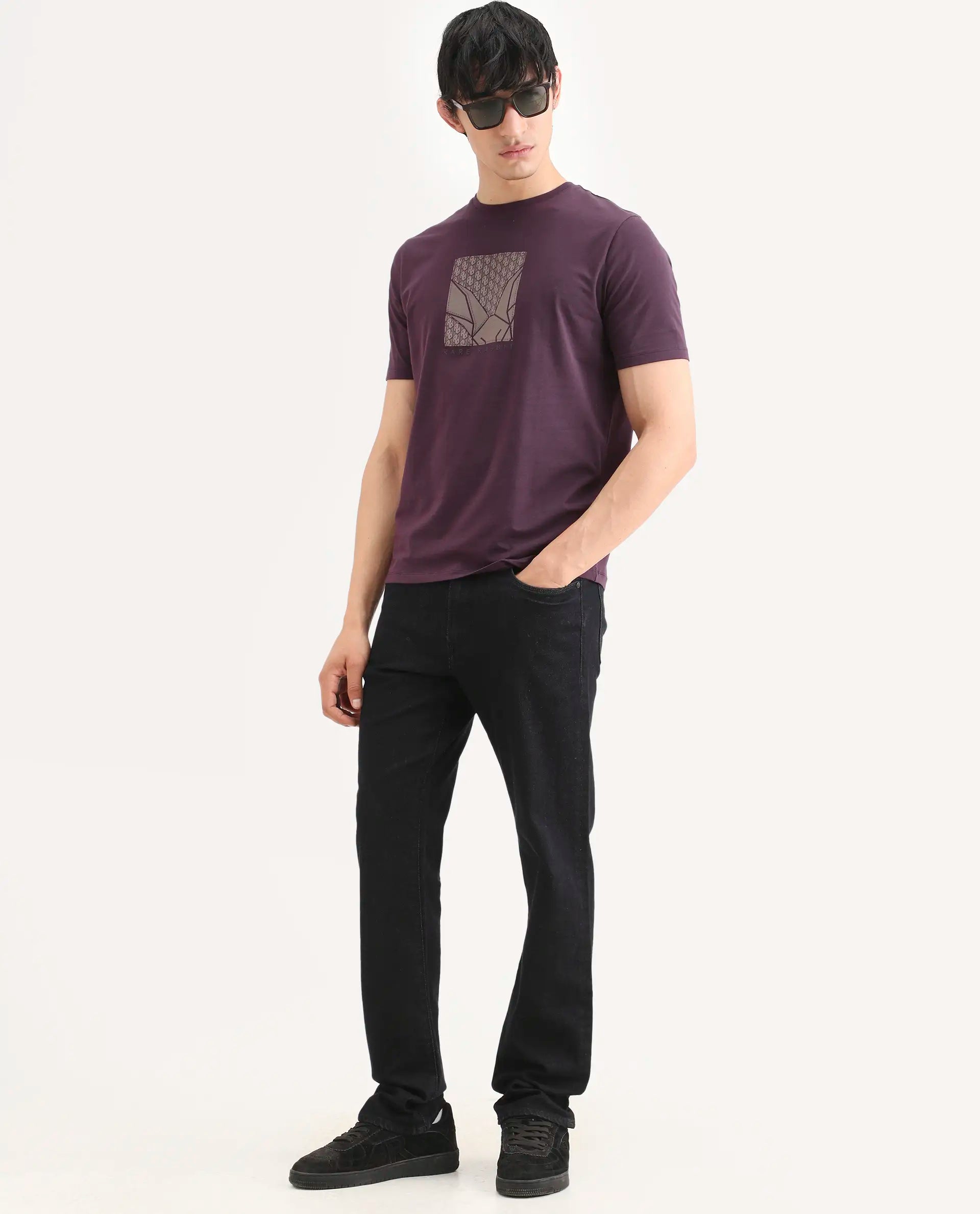 Rare Rabbit Men's Reg Dark Purple Cotton Blend Fabric Half Sleeve Crew Neck Regular Fit Graphic Print T-Shirt