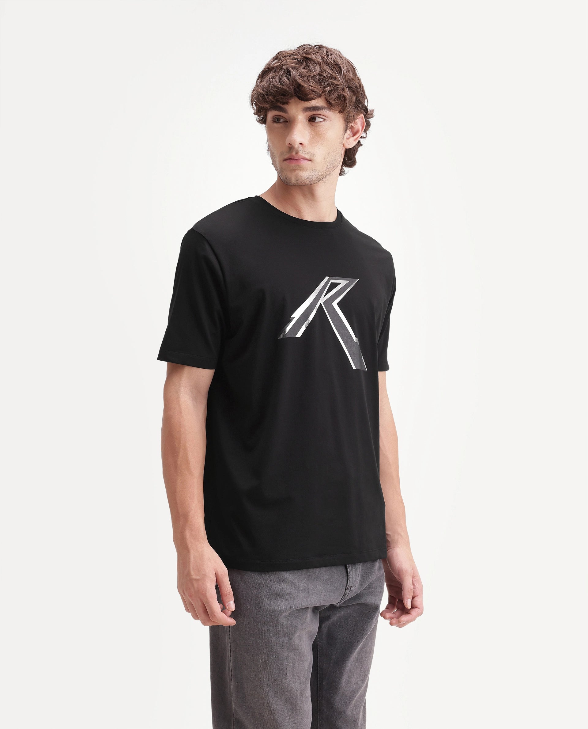 Rare Rabbit Men's Renz Black Cotton Blend Fabric Half Sleeve Crew Neck Regular Fit Graphic Print T-Shirt