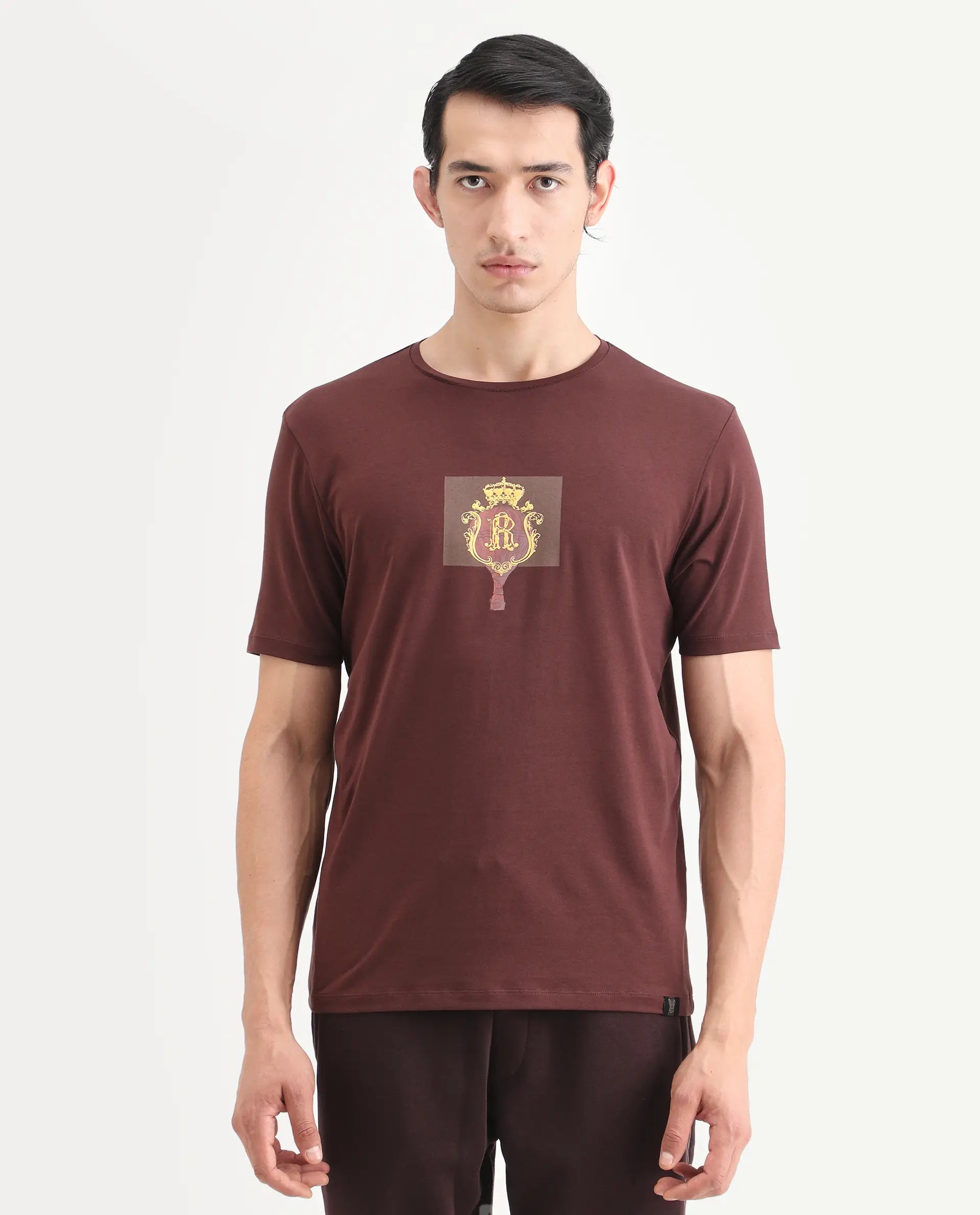 Rare Rabbit Men's Rivn Dusky Brown Cotton Blend Fabric Half Sleeve Crew Neck Regular Fit Graphic Print T-Shirt