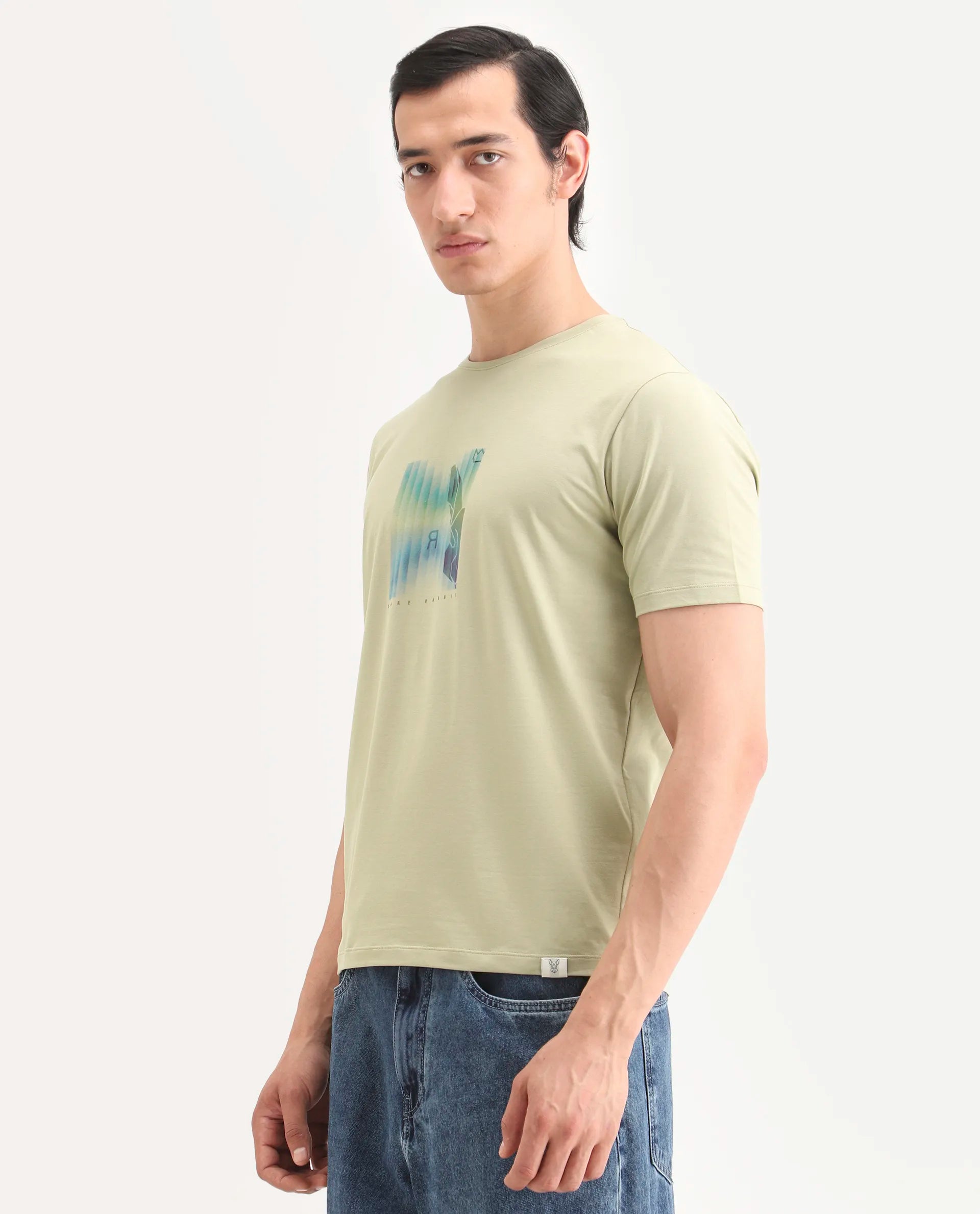Rare Rabbit Men's Ront Light Green Cotton Blend Fabric Half Sleeve Crew Neck Regular Fit Graphic Print T-Shirt