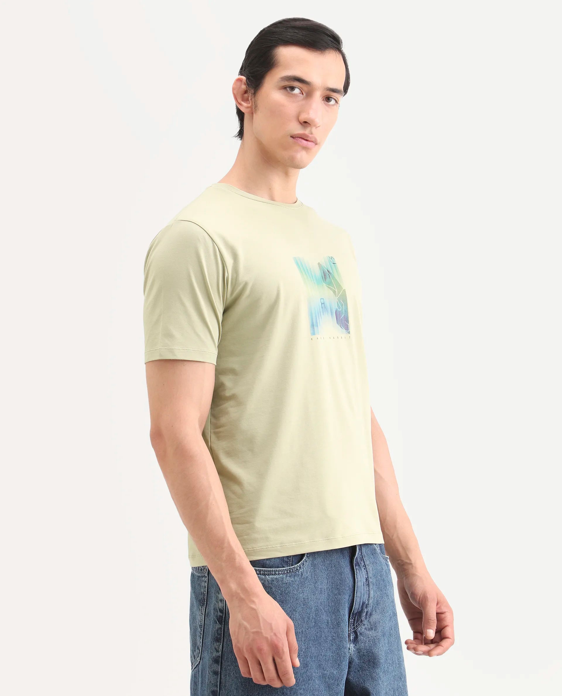 Rare Rabbit Men's Ront Light Green Cotton Blend Fabric Half Sleeve Crew Neck Regular Fit Graphic Print T-Shirt