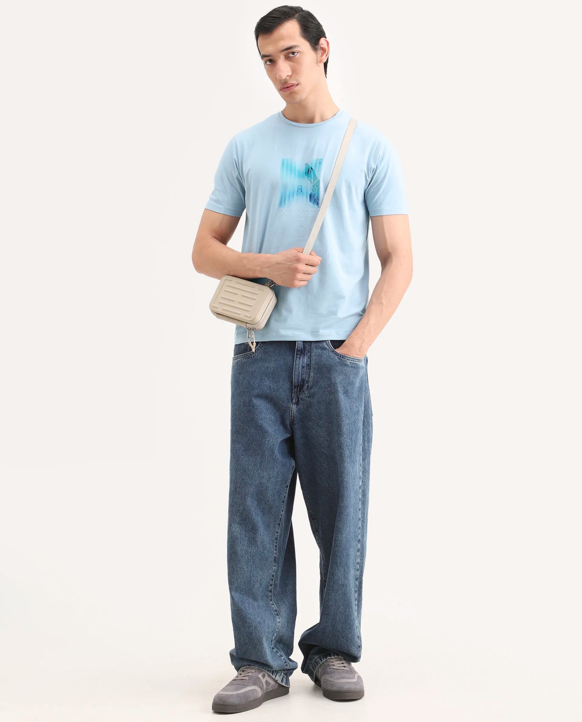 Rare Rabbit Men's Ront Light Blue Cotton Blend Fabric Half Sleeve Crew Neck Regular Fit Graphic Print T-Shirt