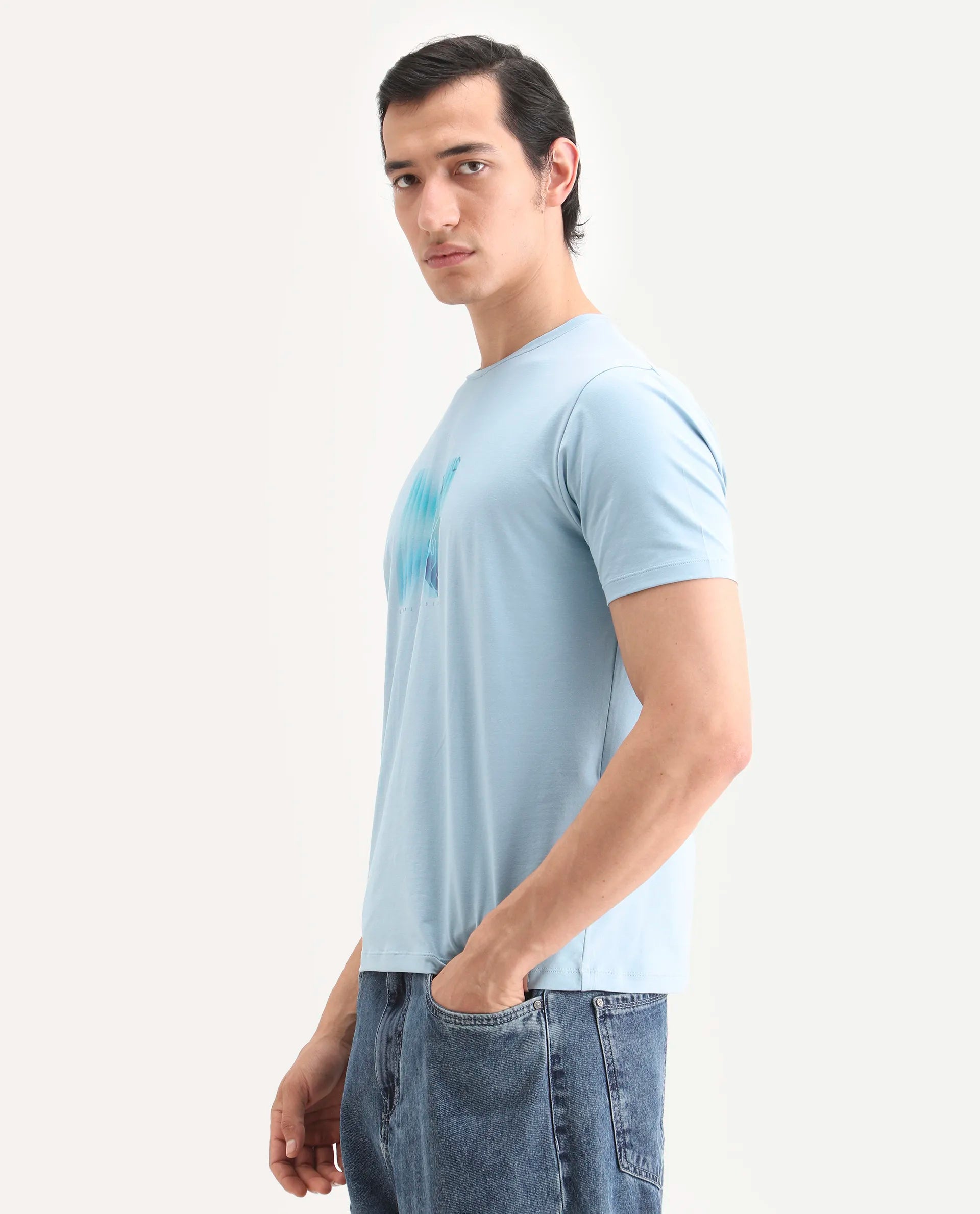 Rare Rabbit Men's Ront Light Blue Cotton Blend Fabric Half Sleeve Crew Neck Regular Fit Graphic Print T-Shirt