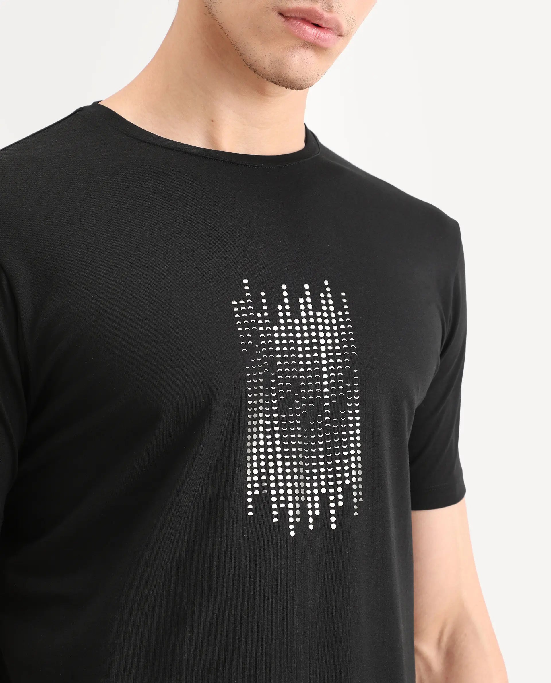 Rare Rabbit Men's Ruho Black Cotton Blend Fabric Half Sleeve Crew Neck Regular Fit Graphic Print T-Shirt