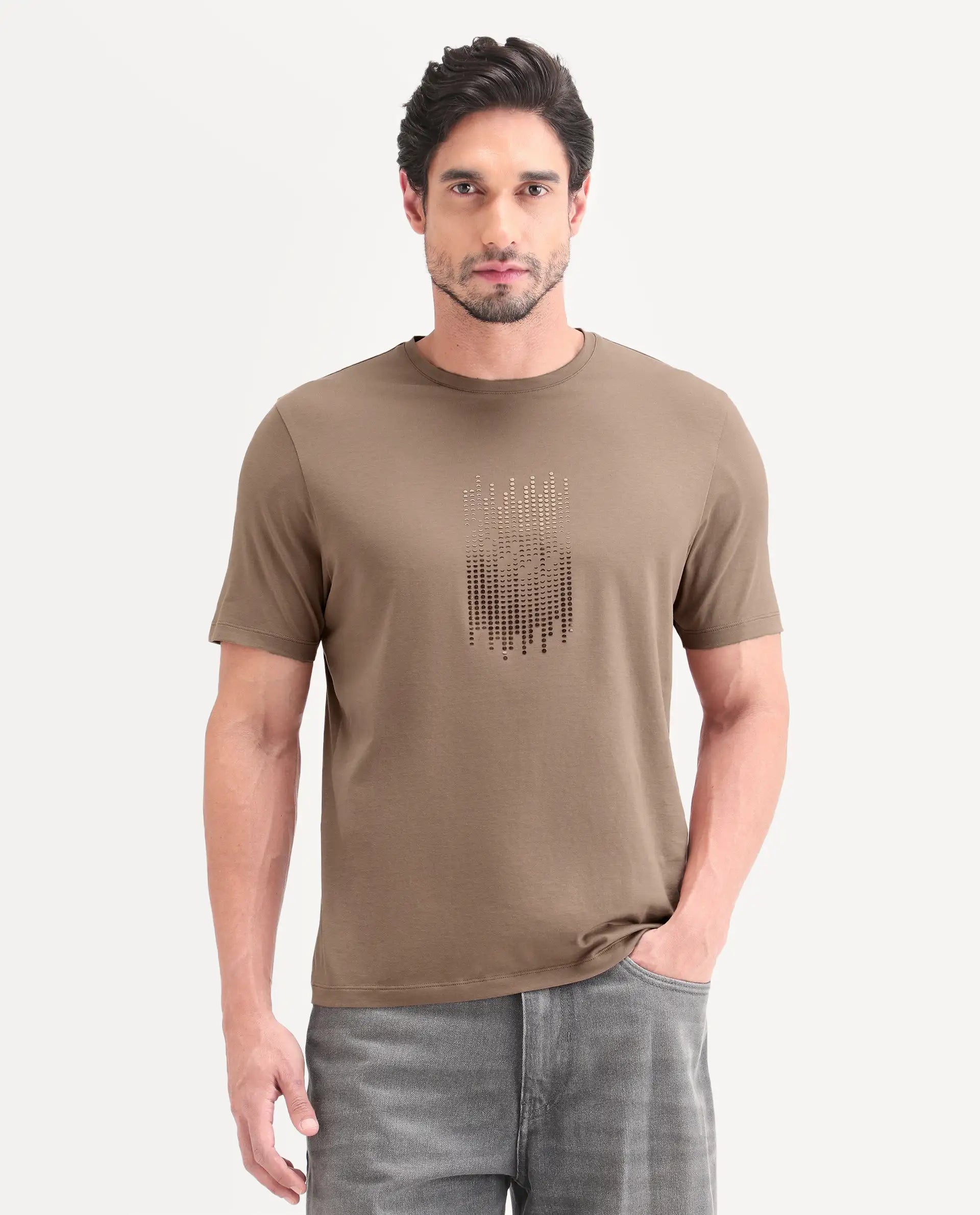 Rare Rabbit Men's Ruho Light Brown Cotton Blend Fabric Half Sleeve Crew Neck Regular Fit Graphic Print T-Shirt