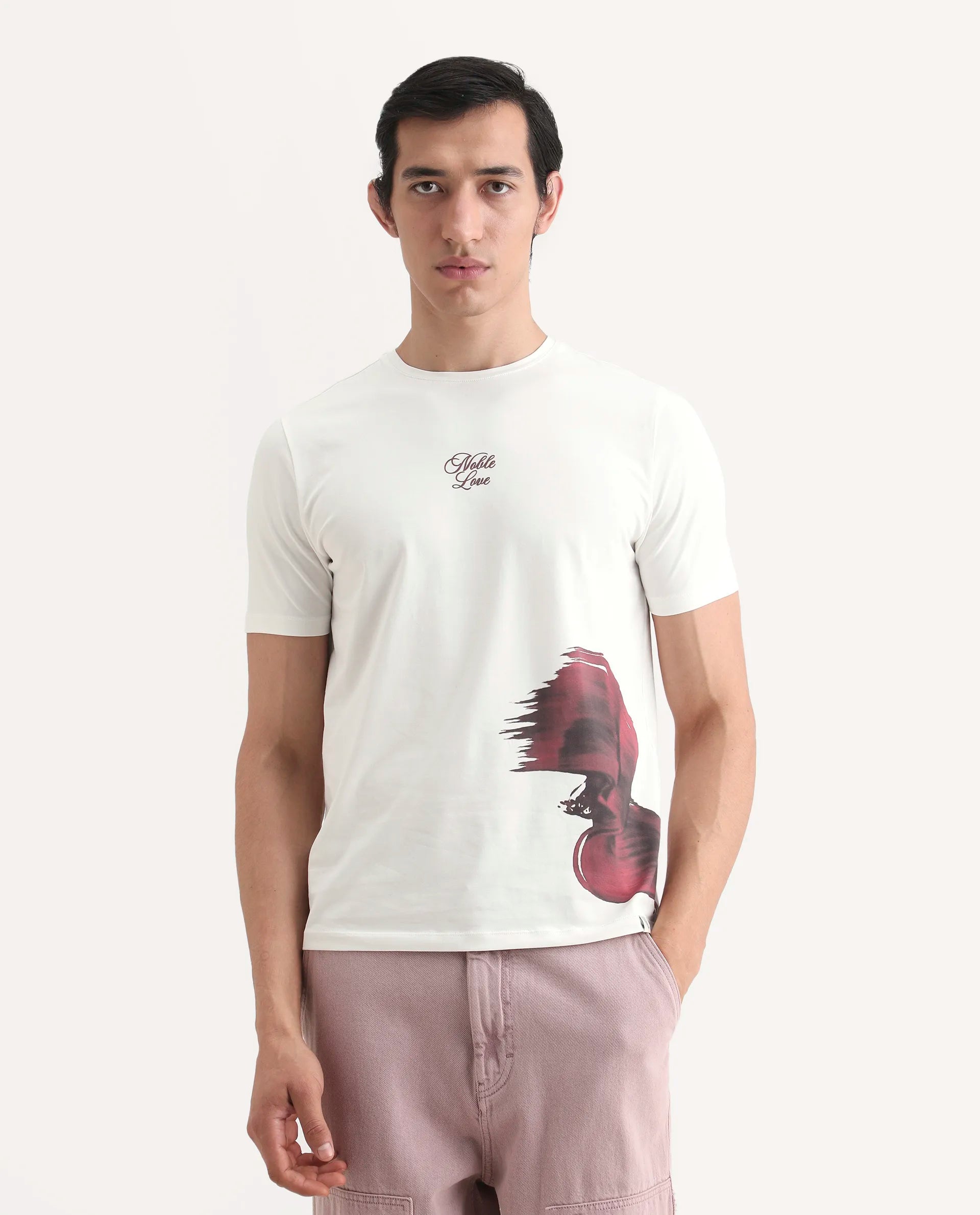 Rare Rabbit Men's Rush Off White Cotton Blend Fabric Half Sleeve Crew Neck Regular Fit Graphic Print T-Shirt