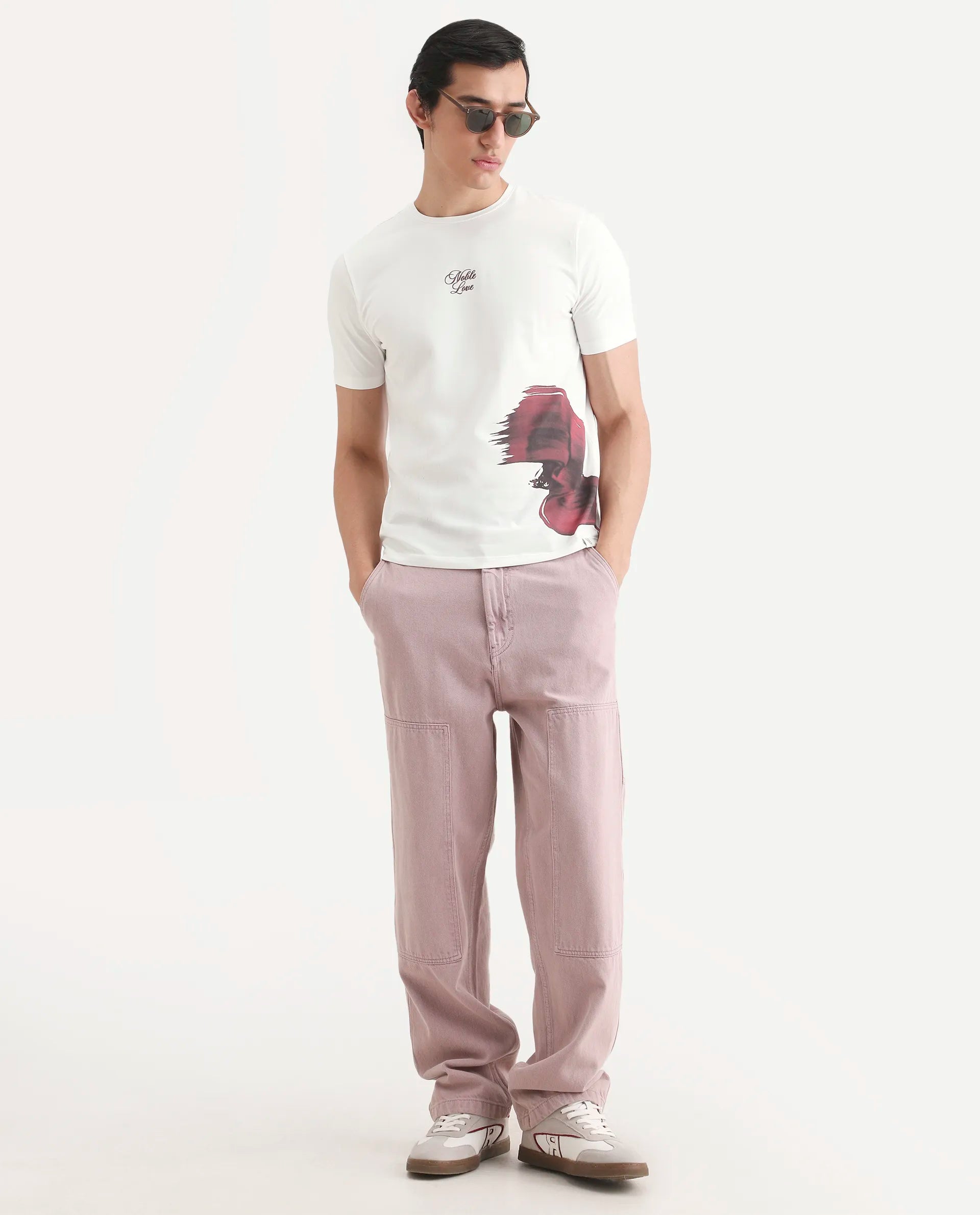 Rare Rabbit Men's Rush Off White Cotton Blend Fabric Half Sleeve Crew Neck Regular Fit Graphic Print T-Shirt