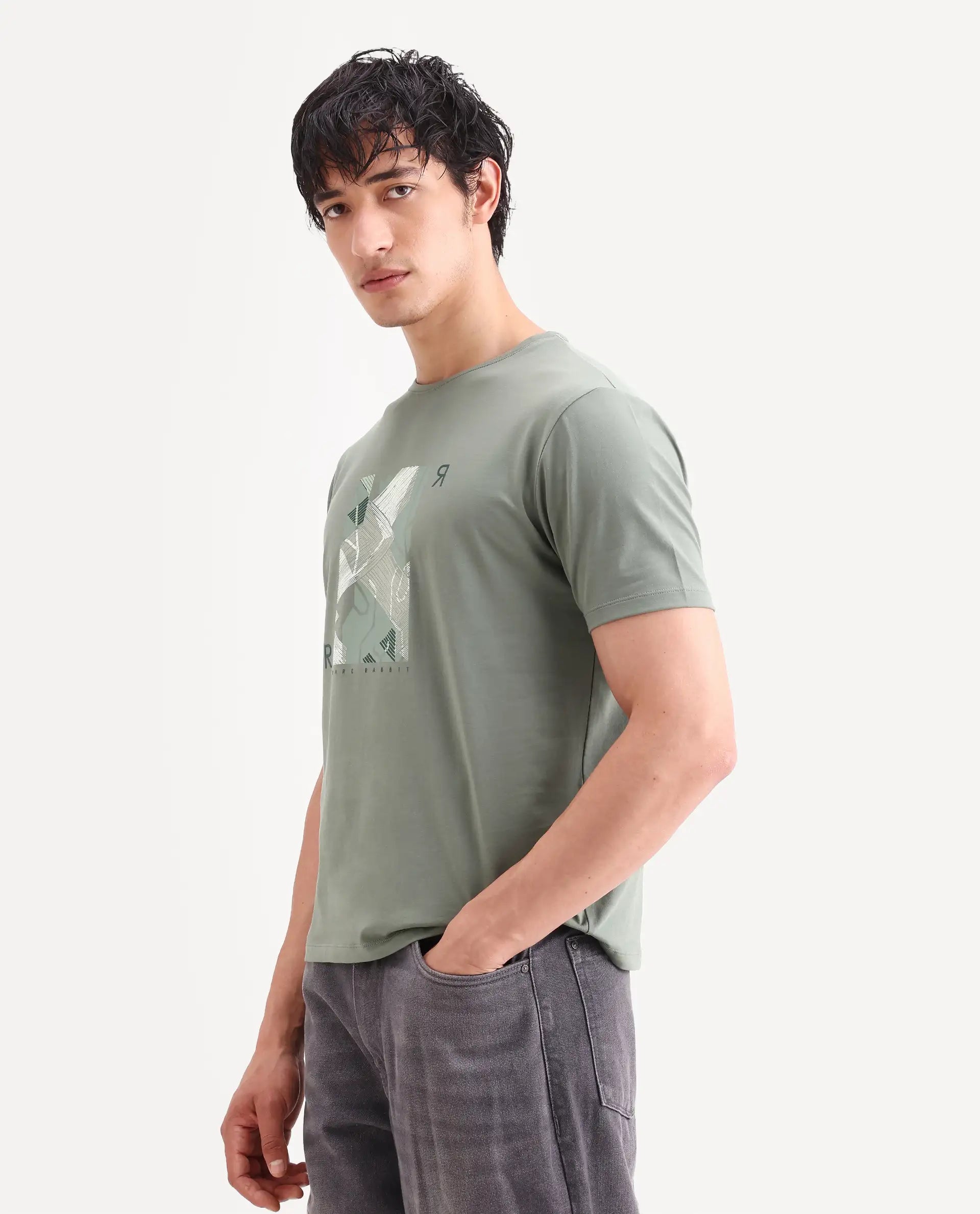 Rare Rabbit Men's Sea Dusky Olive Cotton Blend Fabric Half Sleeve Crew Neck Regular Fit Graphic Print T-Shirt