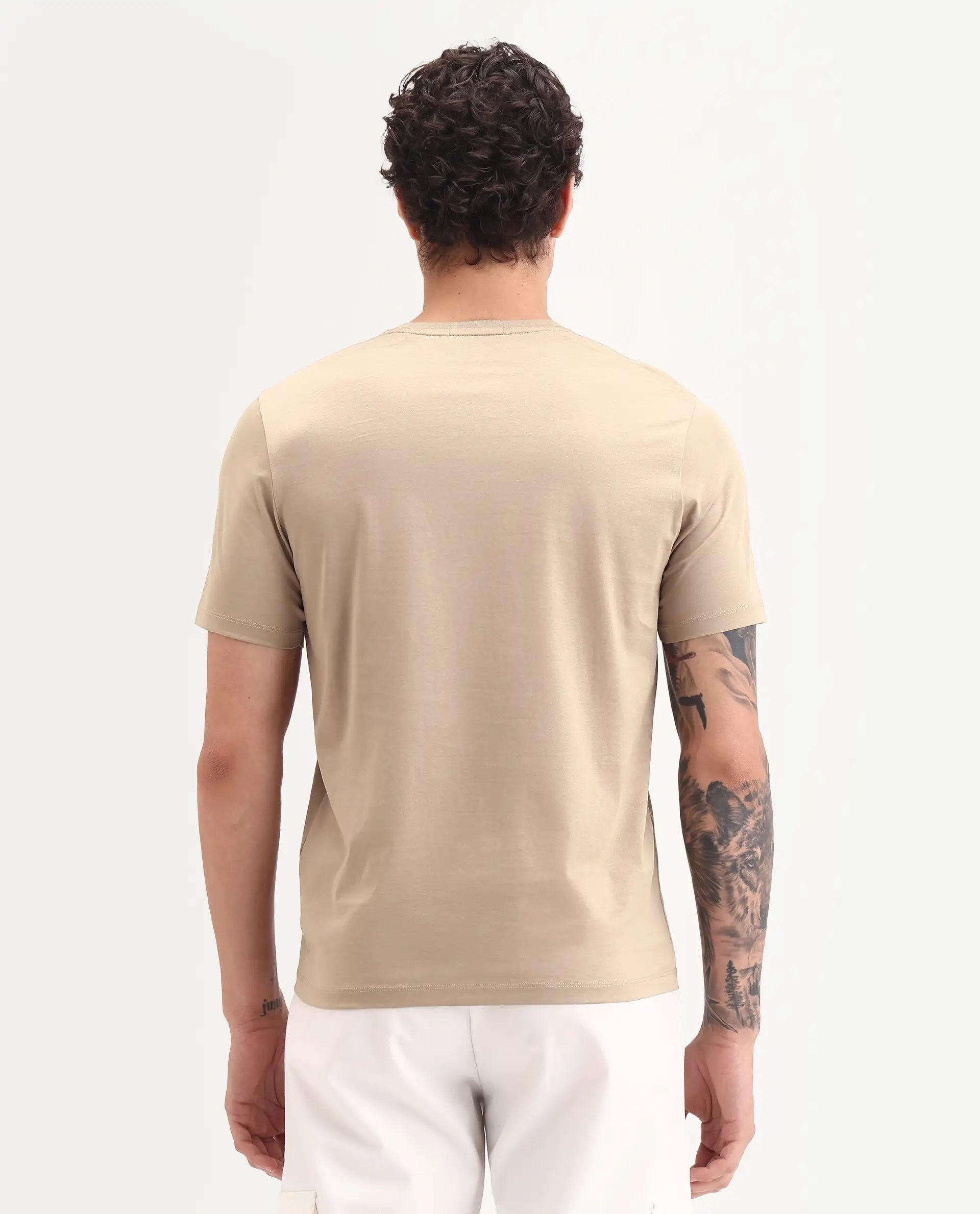 Rare Rabbit Men's Spear Dusky Beige Cotton Fabric Half Sleeve Crew Neck Regular Fit Graphic Print T-Shirt