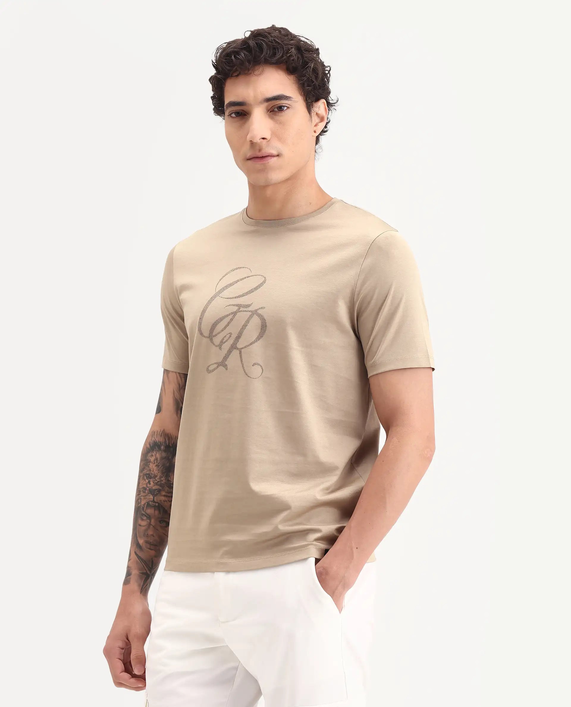 Rare Rabbit Men's Spear Dusky Beige Cotton Fabric Half Sleeve Crew Neck Regular Fit Graphic Print T-Shirt