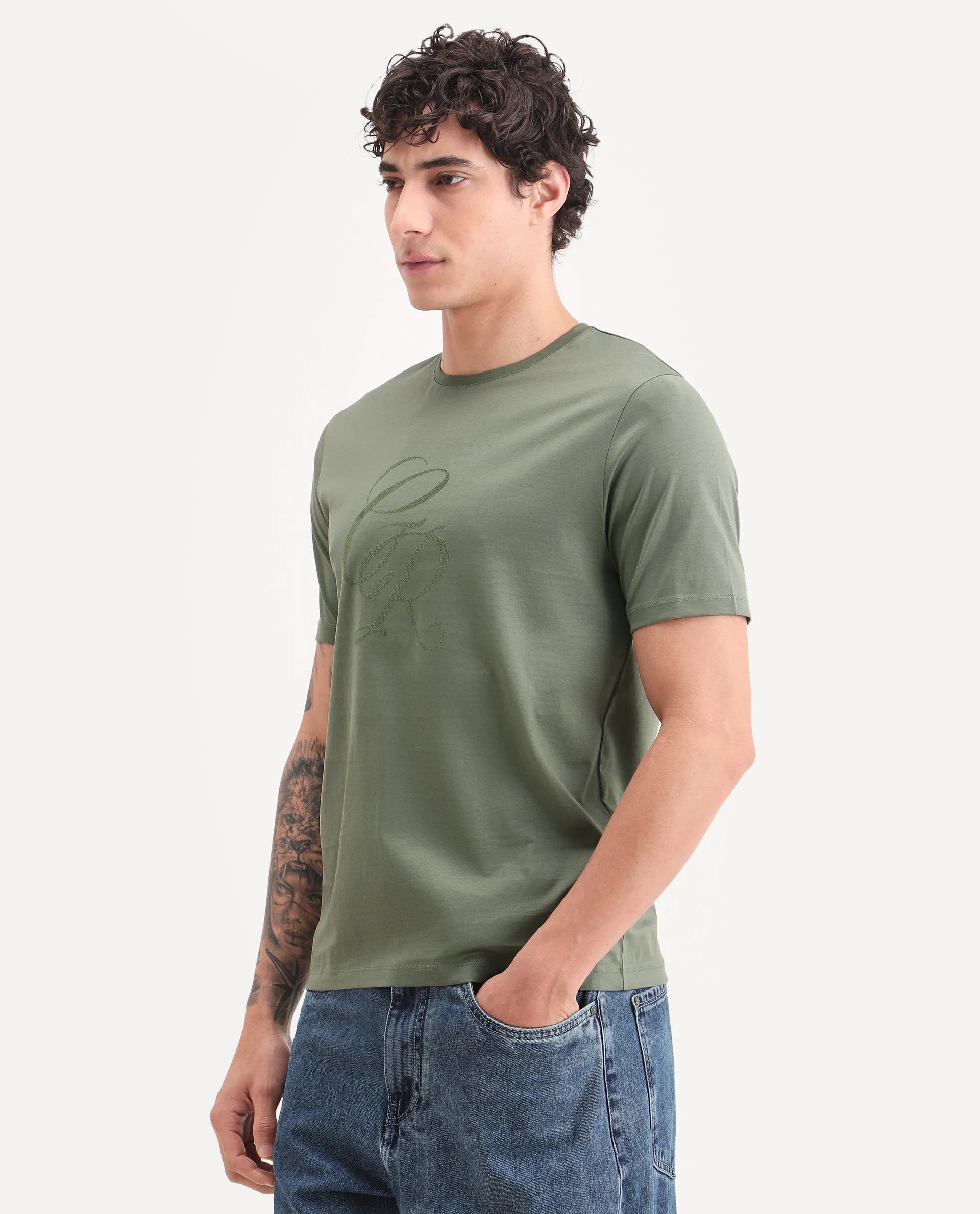 Rare Rabbit Men's Spear Dusky Olive Cotton Fabric Half Sleeve Crew Neck Regular Fit Graphic Print T-Shirt