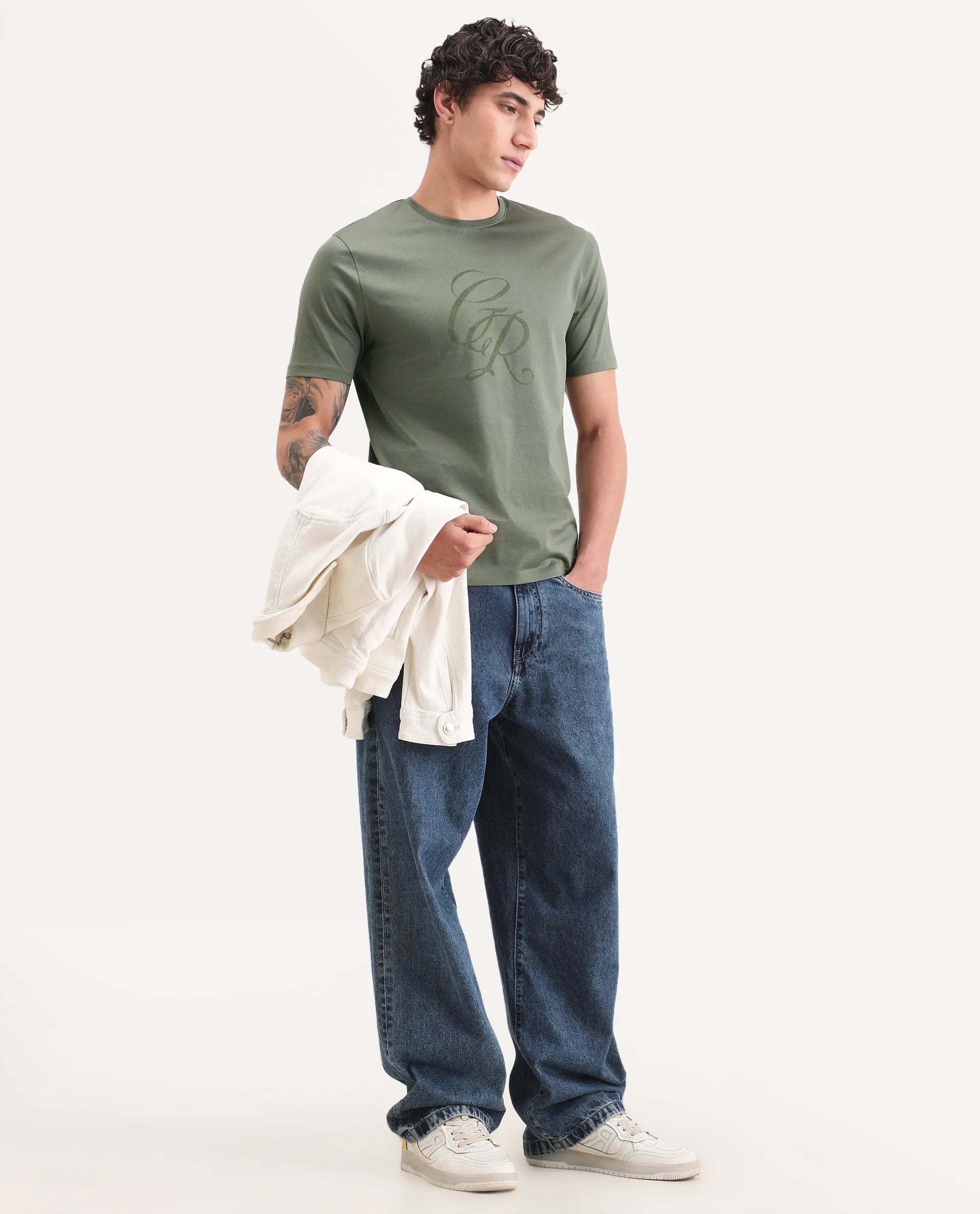 Rare Rabbit Men's Spear Dusky Olive Cotton Fabric Half Sleeve Crew Neck Regular Fit Graphic Print T-Shirt