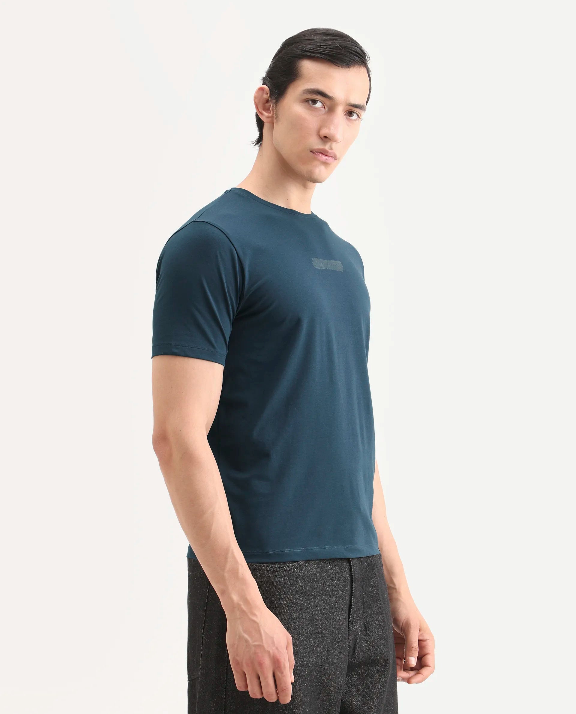 Rare Rabbit Men's Spur Teal Cotton Blend Fabric Half Sleeve Crew Neck Regular Fit Graphic Print T-Shirt