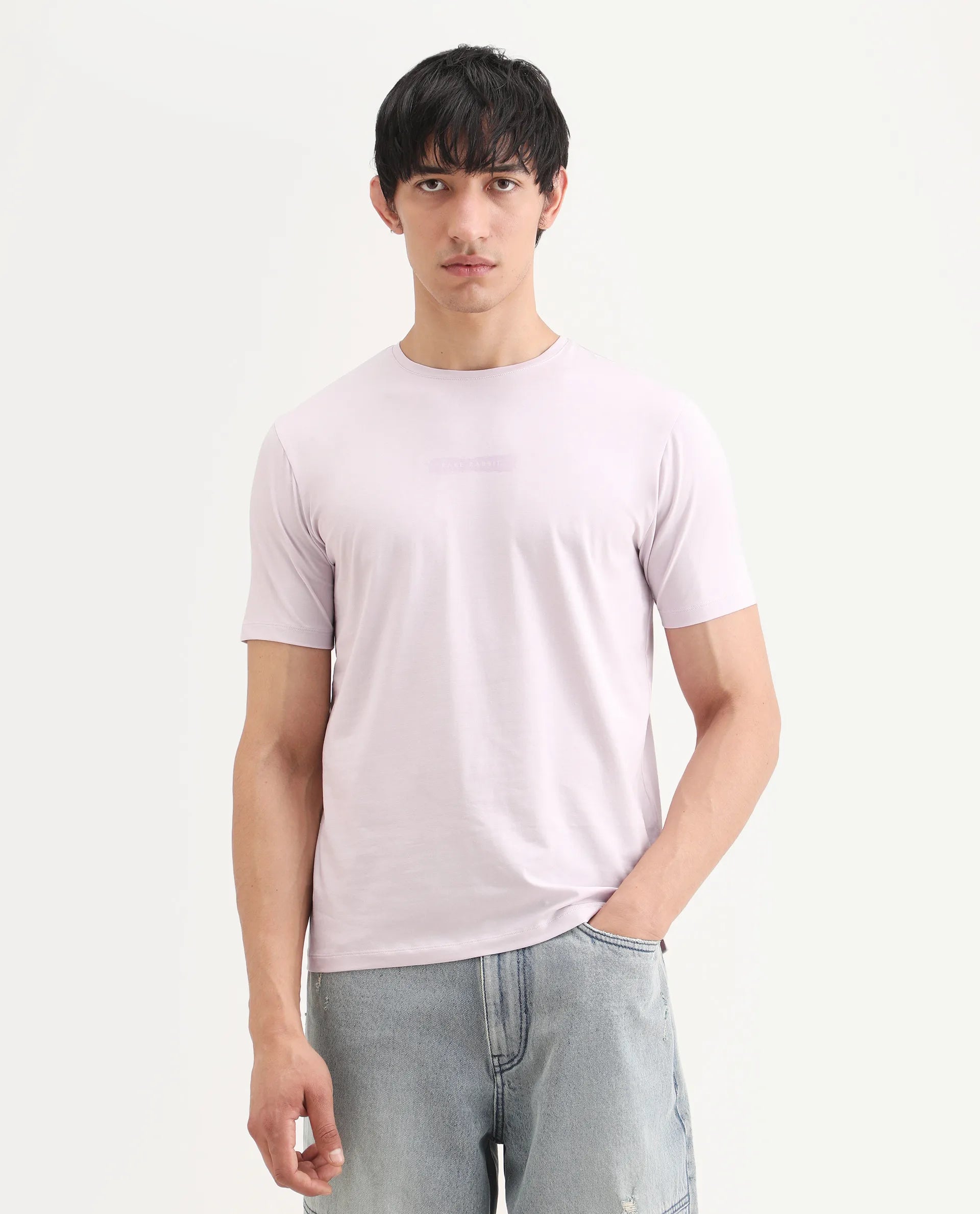 Rare Rabbit Men's Spur Pastel Pink Cotton Blend Fabric Half Sleeve Crew Neck Regular Fit Graphic Print T-Shirt