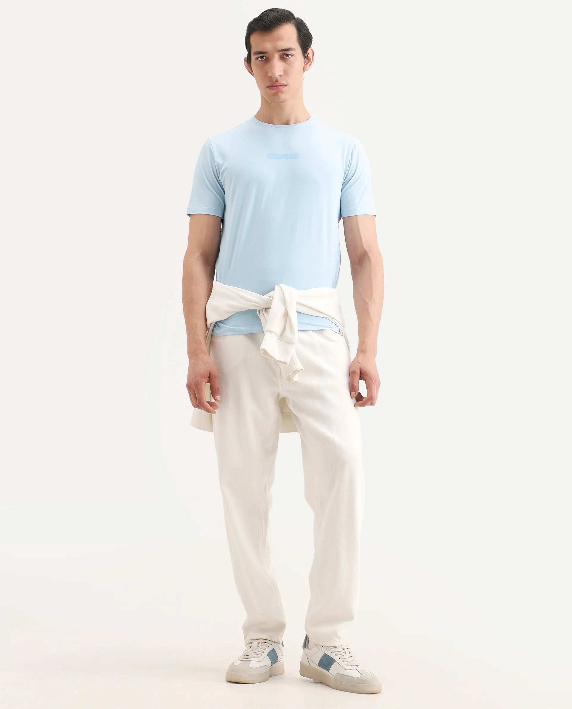 Rare Rabbit Men's Spur Light Blue Cotton Blend Fabric Half Sleeve Crew Neck Regular Fit Graphic Print T-Shirt