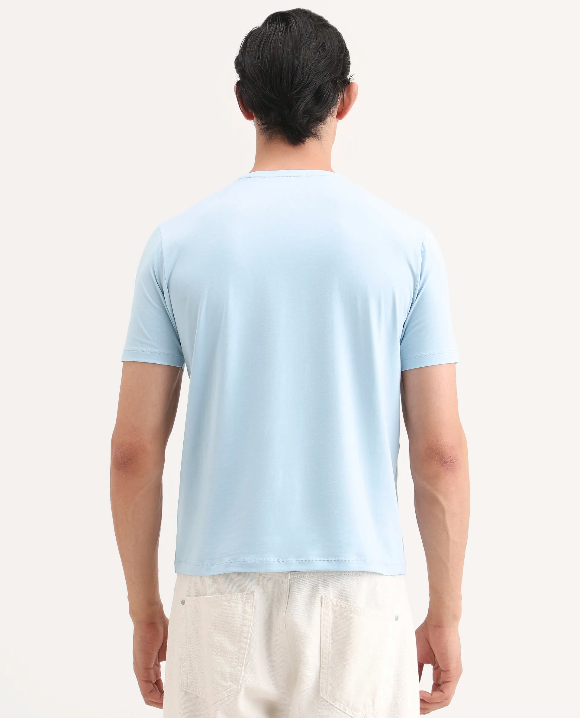Rare Rabbit Men's Spur Light Blue Cotton Blend Fabric Half Sleeve Crew Neck Regular Fit Graphic Print T-Shirt