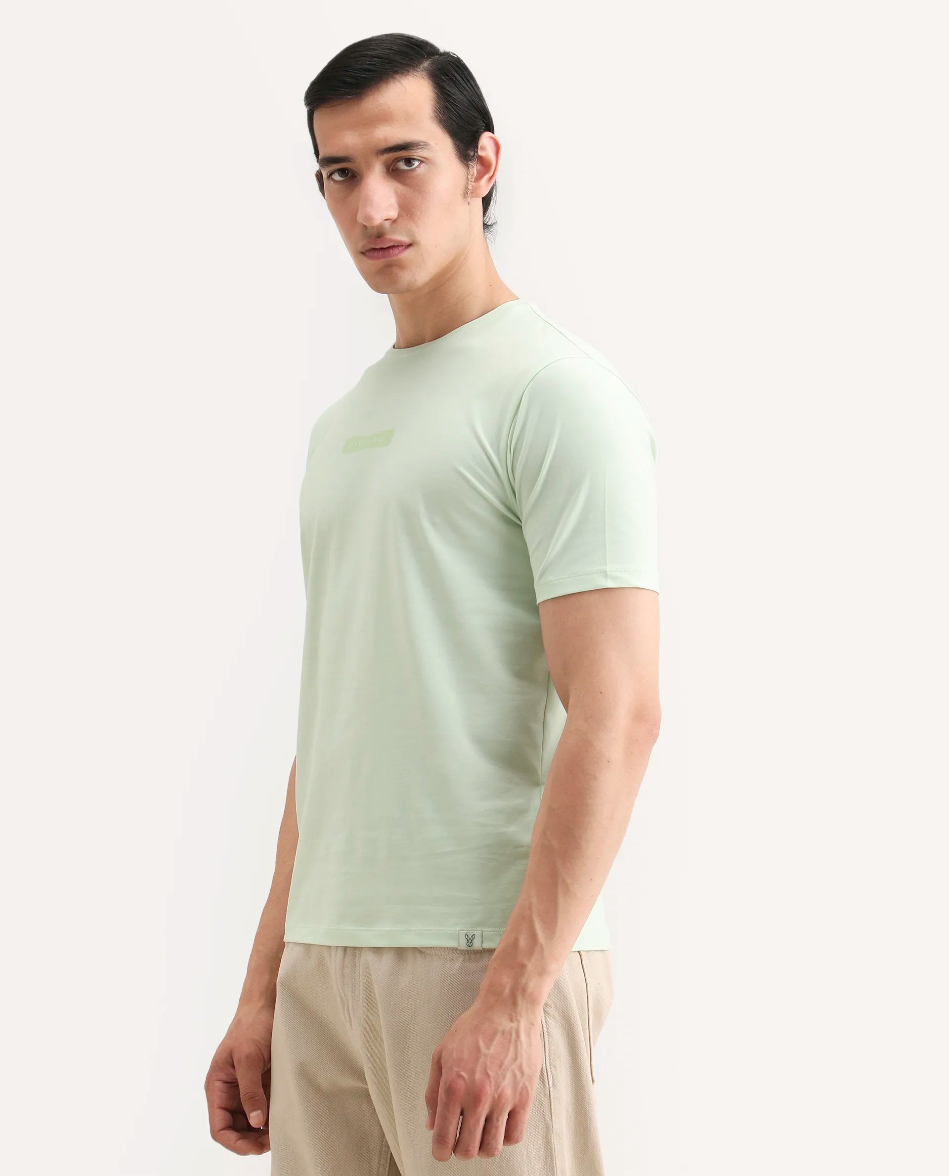 Rare Rabbit Men's Spur Light Green Cotton Blend Fabric Half Sleeve Crew Neck Regular Fit Graphic Print T-Shirt