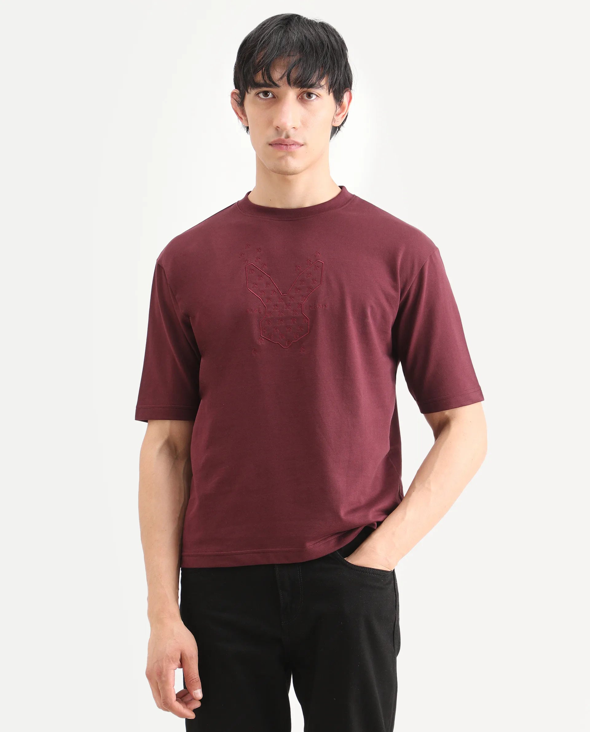 Rare Rabbit Men's Tiz Dark Red Cotton Fabric Half Sleeve Crew Neck Oversize Graphic Print T-Shirt