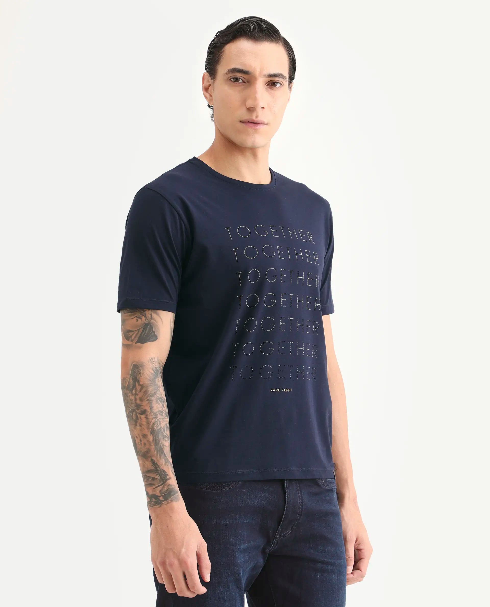 Rare Rabbit Men's Together-S26 Navy Cotton Blend Fabric Half Sleeve Crew Neck Regular Fit Graphic Print T-Shirt