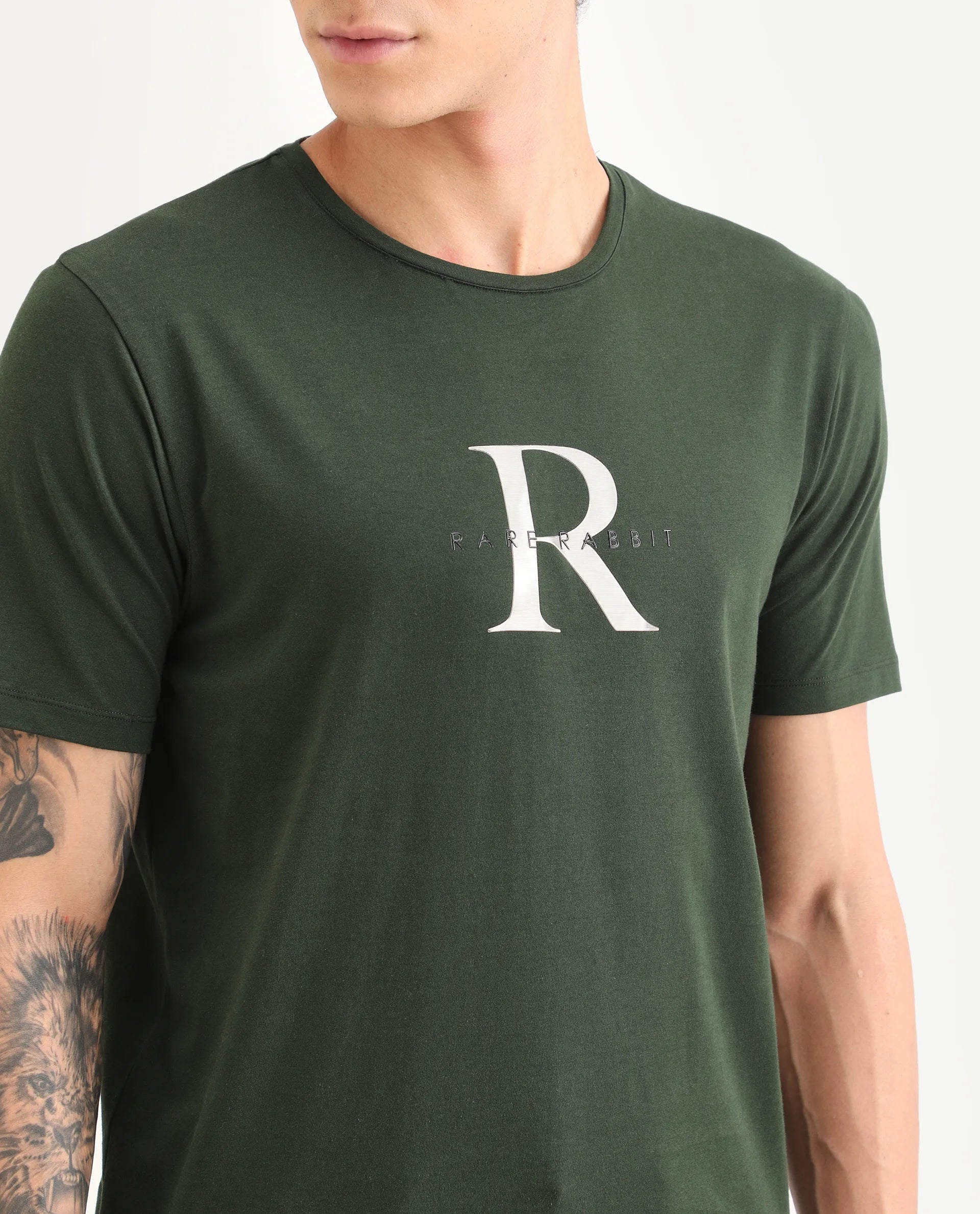 Rare Rabbit Men's Toka Dark Green Cotton Blend Fabric Half Sleeve Crew Neck Regular Fit Graphic Print T-Shirt