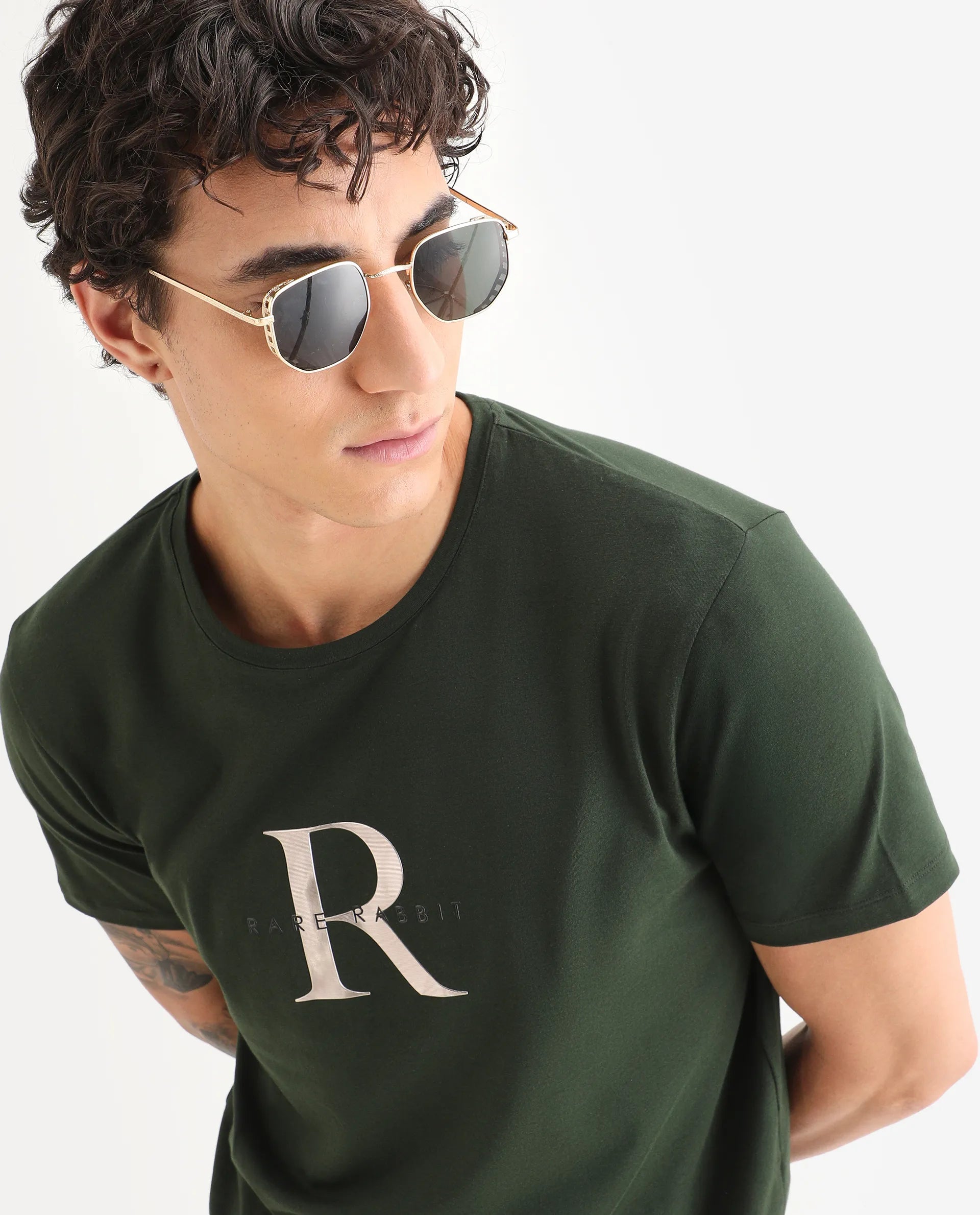 Rare Rabbit Men's Toka Dark Green Cotton Blend Fabric Half Sleeve Crew Neck Regular Fit Graphic Print T-Shirt