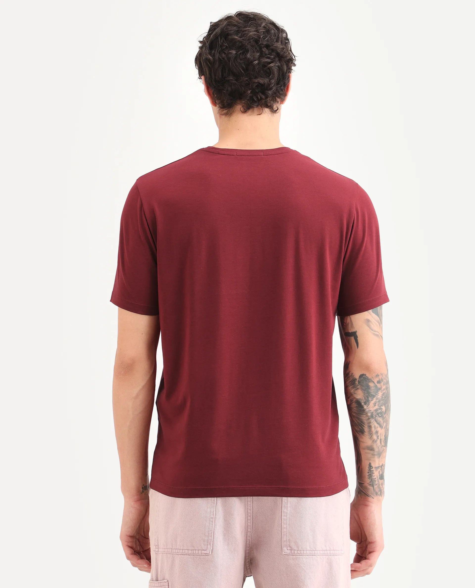 Rare Rabbit Men's Toka Dark Red Cotton Blend Fabric Half Sleeve Crew Neck Regular Fit Graphic Print T-Shirt