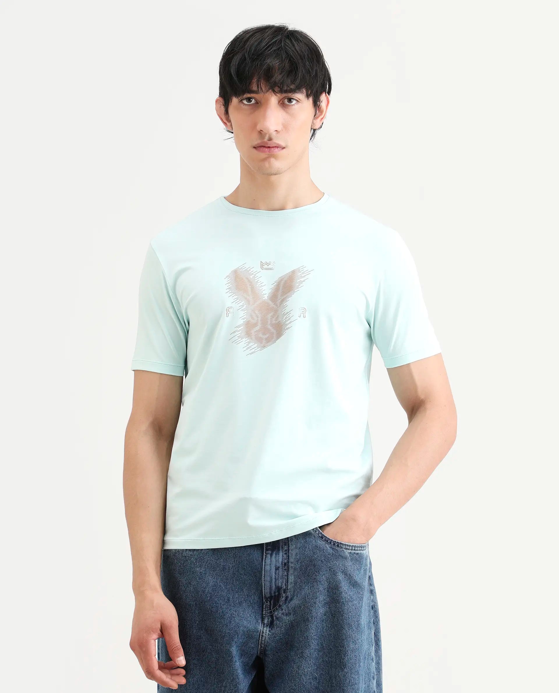 Rare Rabbit Men's Tregor Pastel Green Cotton Blend Fabric Half Sleeve Crew Neck Regular Fit HD Print T-Shirt
