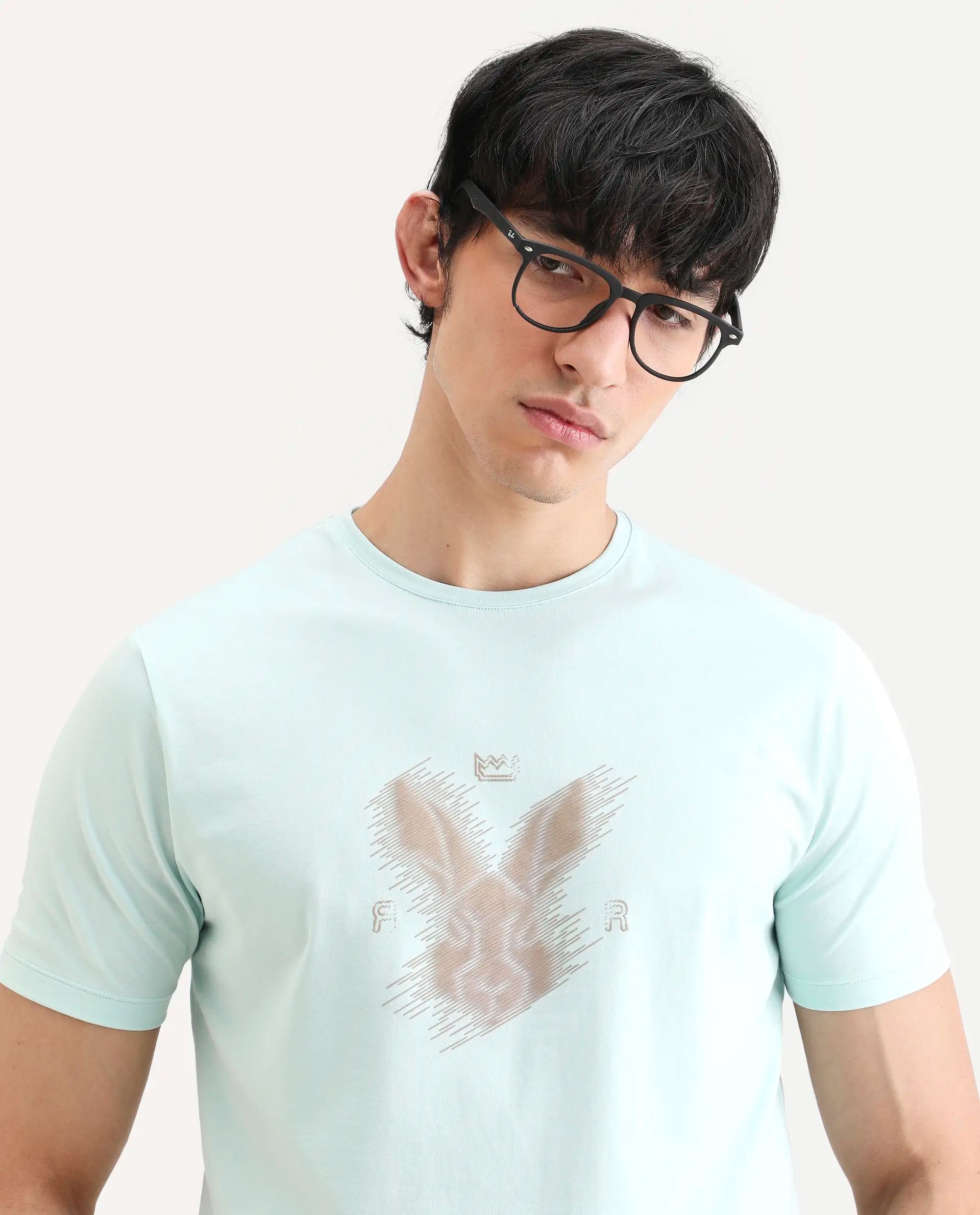 Rare Rabbit Men's Tregor Pastel Green Cotton Blend Fabric Half Sleeve Crew Neck Regular Fit HD Print T-Shirt