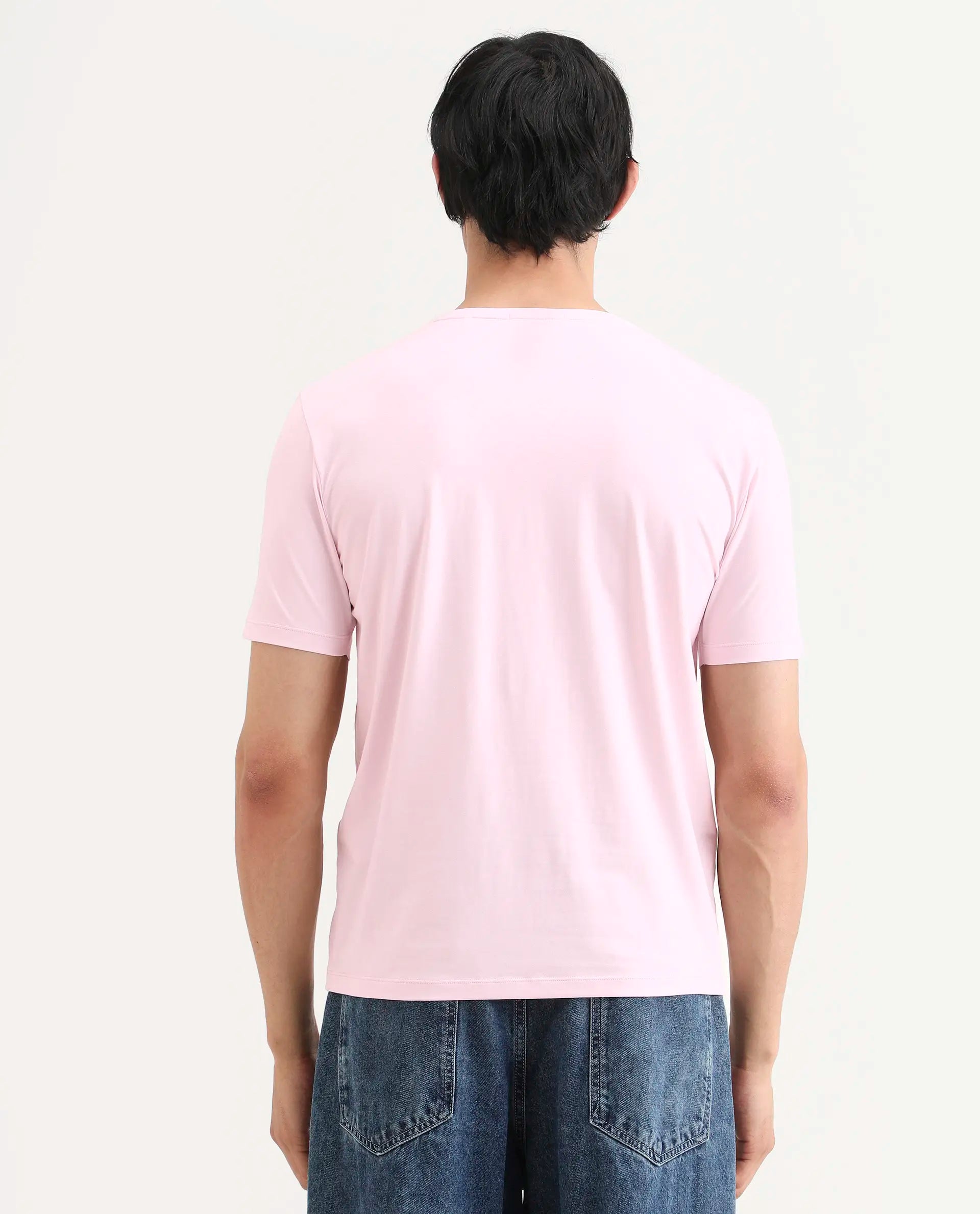 Rare Rabbit Men's Tregor Pastel Pink Cotton Blend Fabric Half Sleeve Crew Neck Regular Fit HD Print T-Shirt