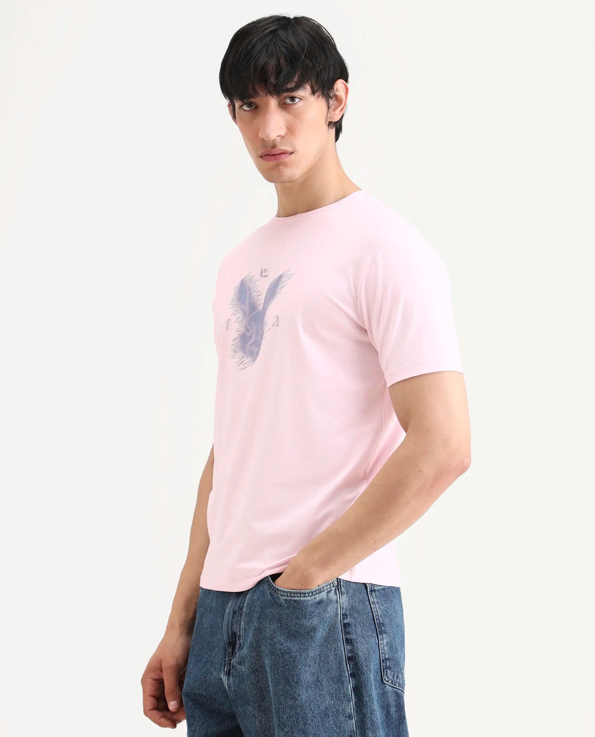 Rare Rabbit Men's Tregor Pastel Pink Cotton Blend Fabric Half Sleeve Crew Neck Regular Fit HD Print T-Shirt