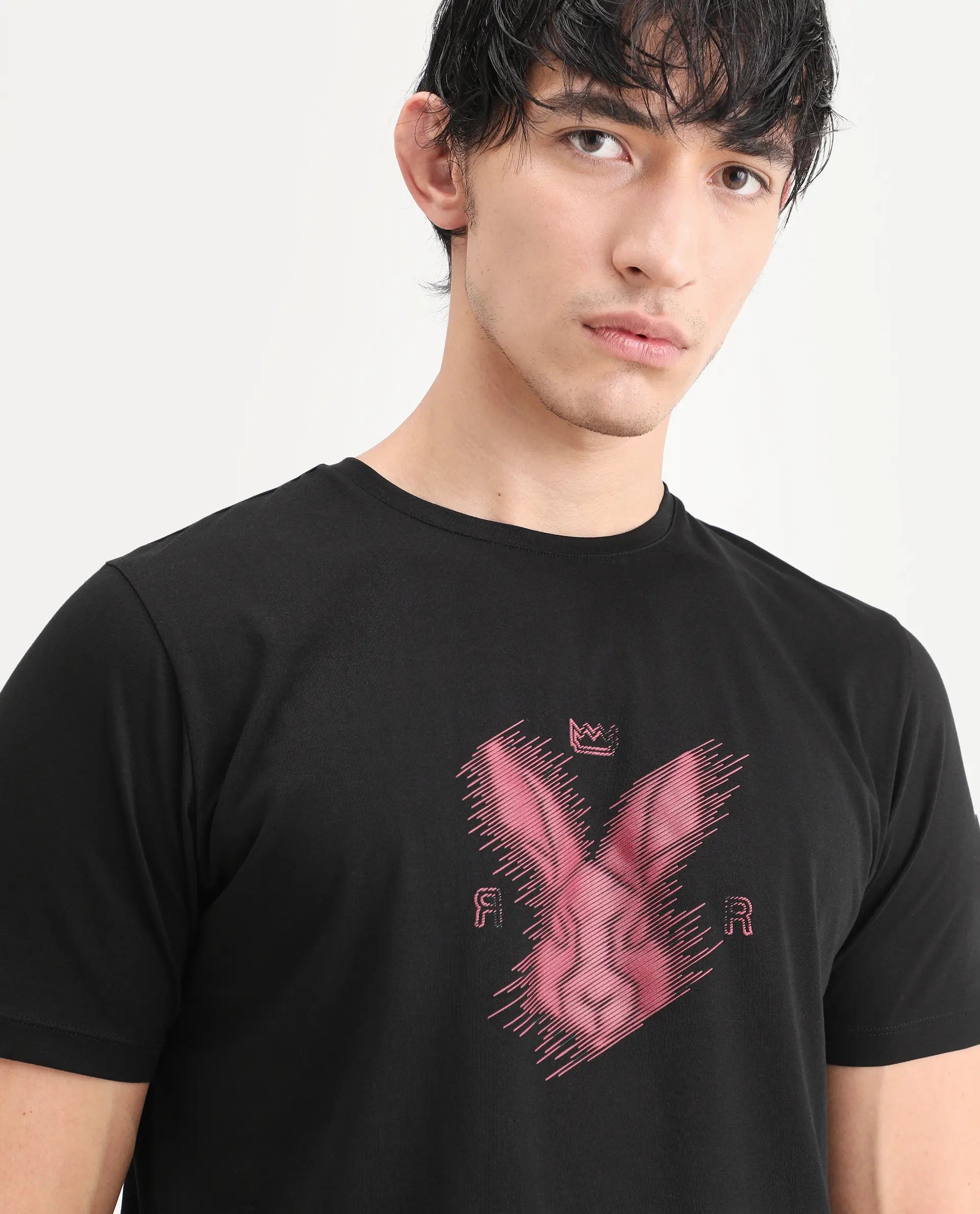 Rare Rabbit Men's Tregor Black Cotton Blend Fabric Half Sleeve Crew Neck Regular Fit HD Print T-Shirt