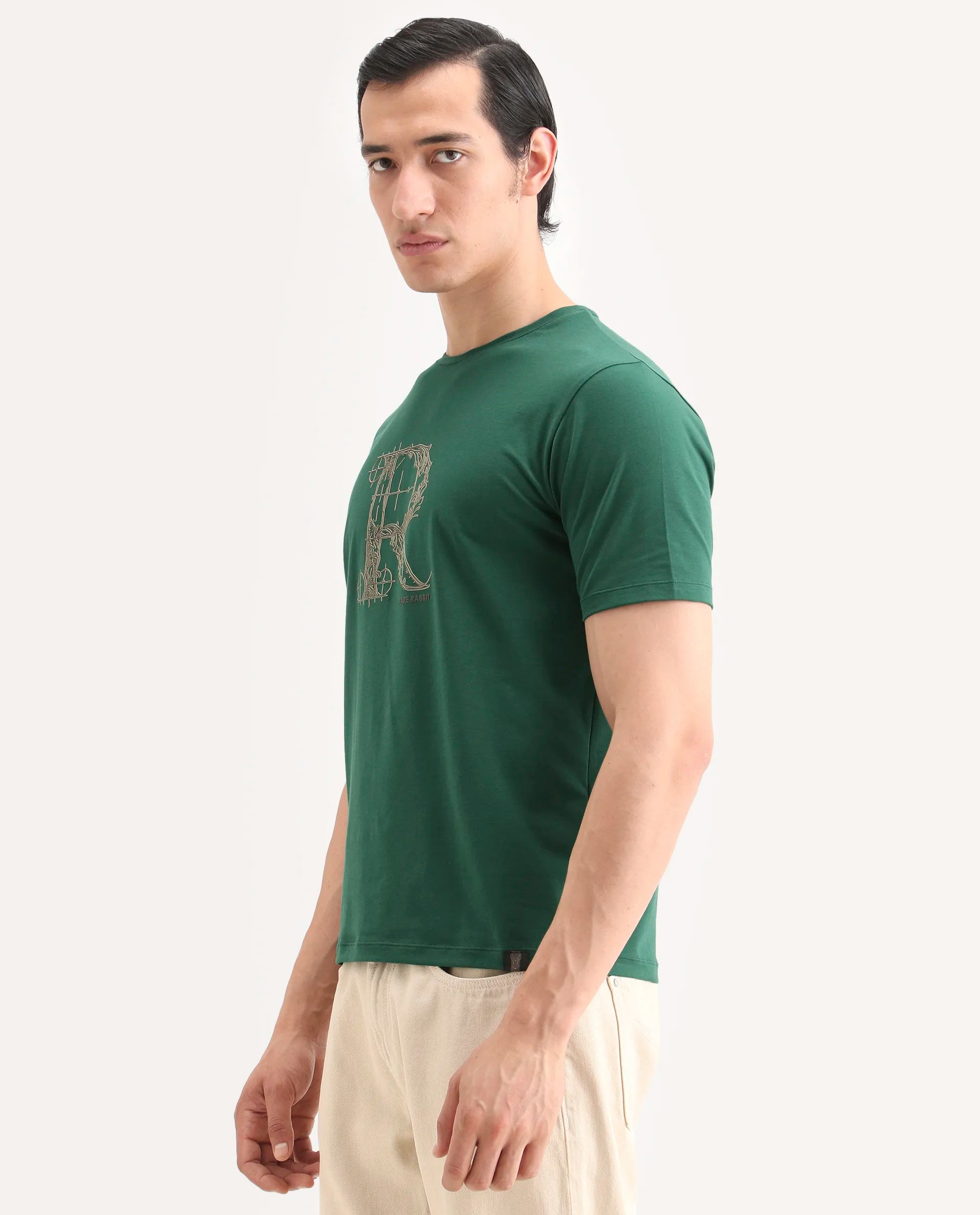 Rare Rabbit Men's Trel Dark Green Cotton Blend Fabric Half Sleeve Crew Neck Regular Fit Graphic Print T-Shirt