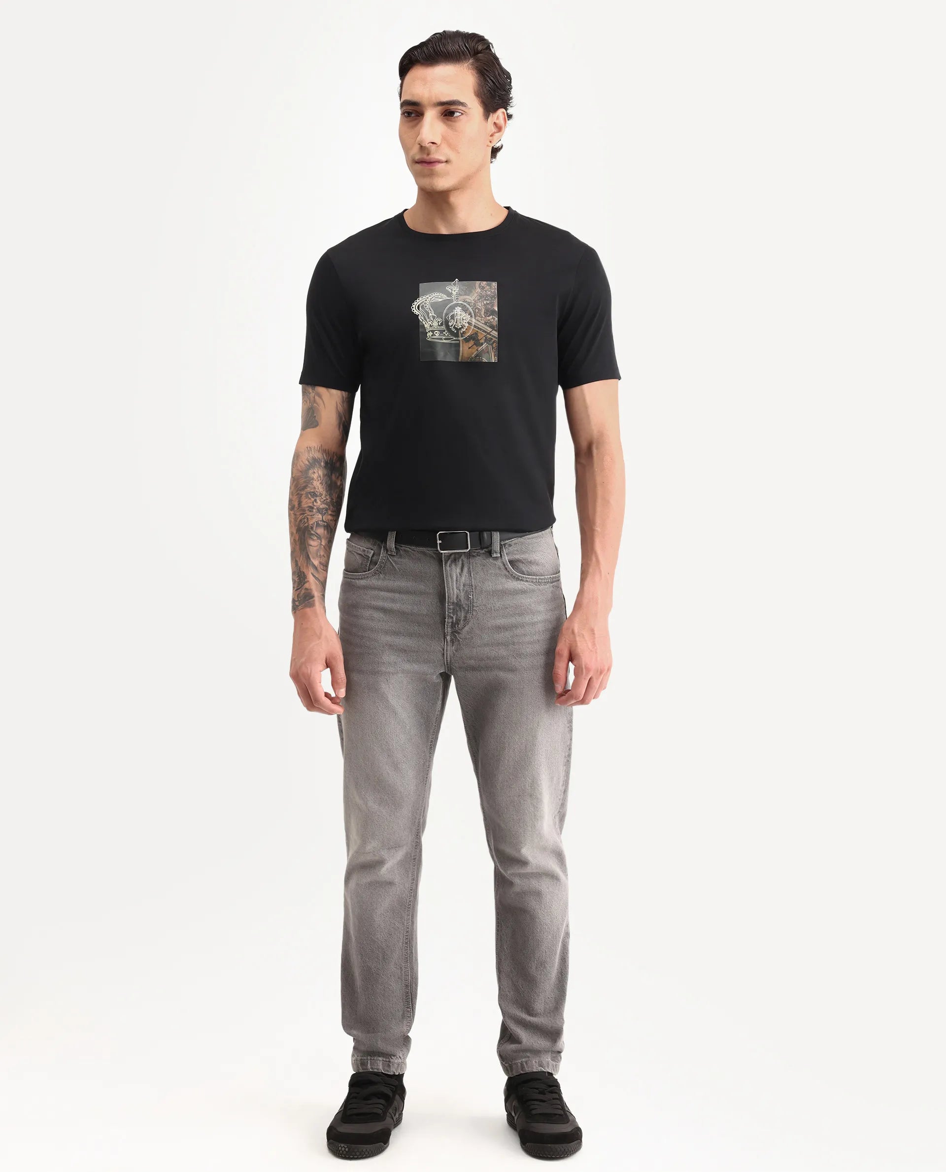 Rare Rabbit Men's Vavo Black Cotton Fabric Half Sleeve Crew Neck Regular Fit Graphic Print T-Shirt