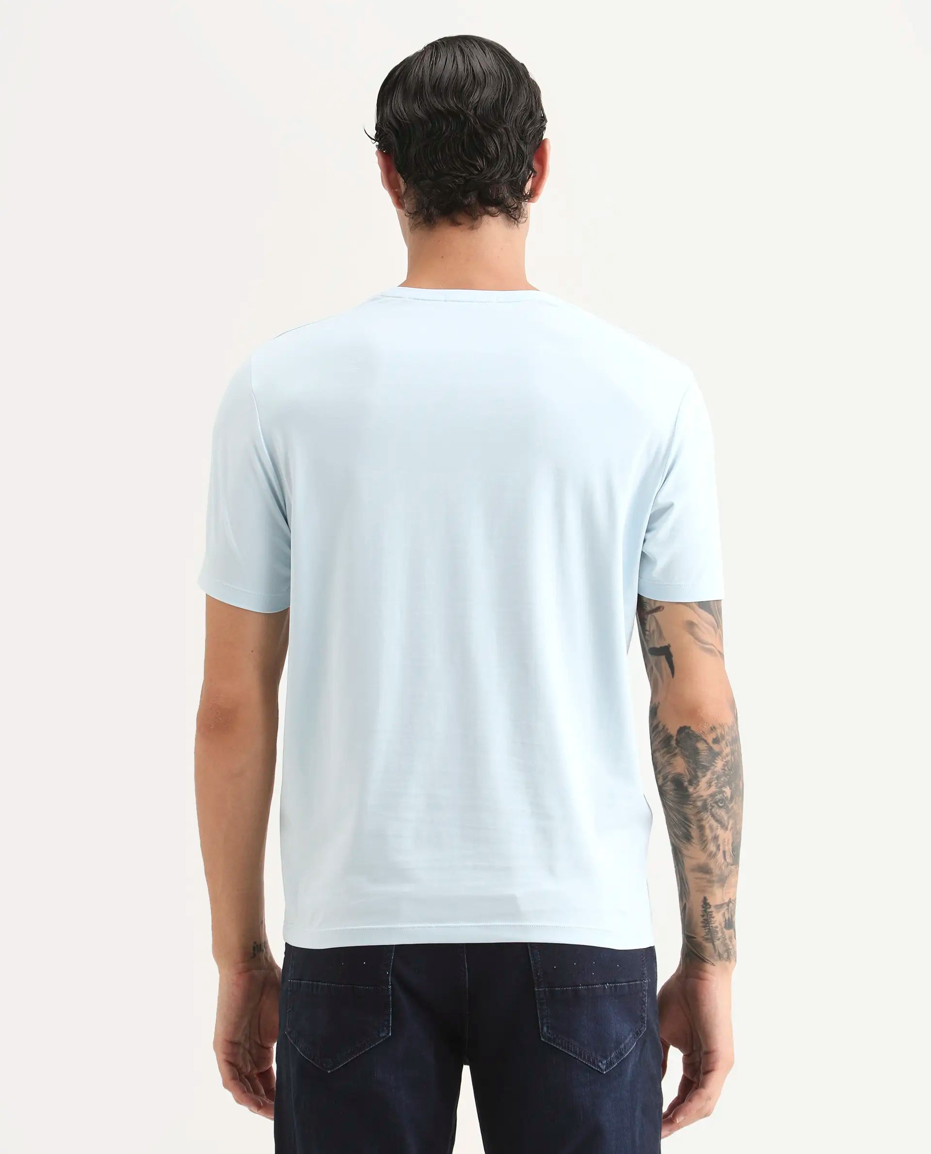 Rare Rabbit Men's Via Light Blue Cotton Blend Fabric Half Sleeve Crew Neck Regular Fit Graphic Print T-Shirt