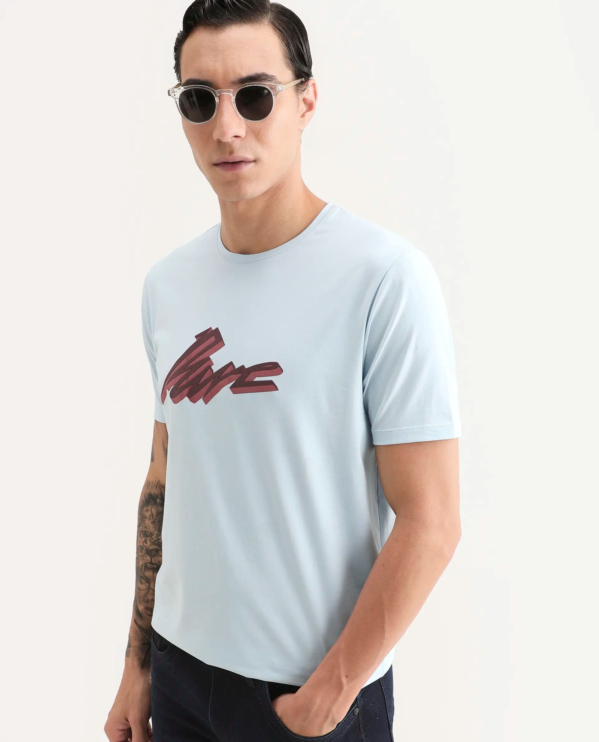 Rare Rabbit Men's Via Light Blue Cotton Blend Fabric Half Sleeve Crew Neck Regular Fit Graphic Print T-Shirt