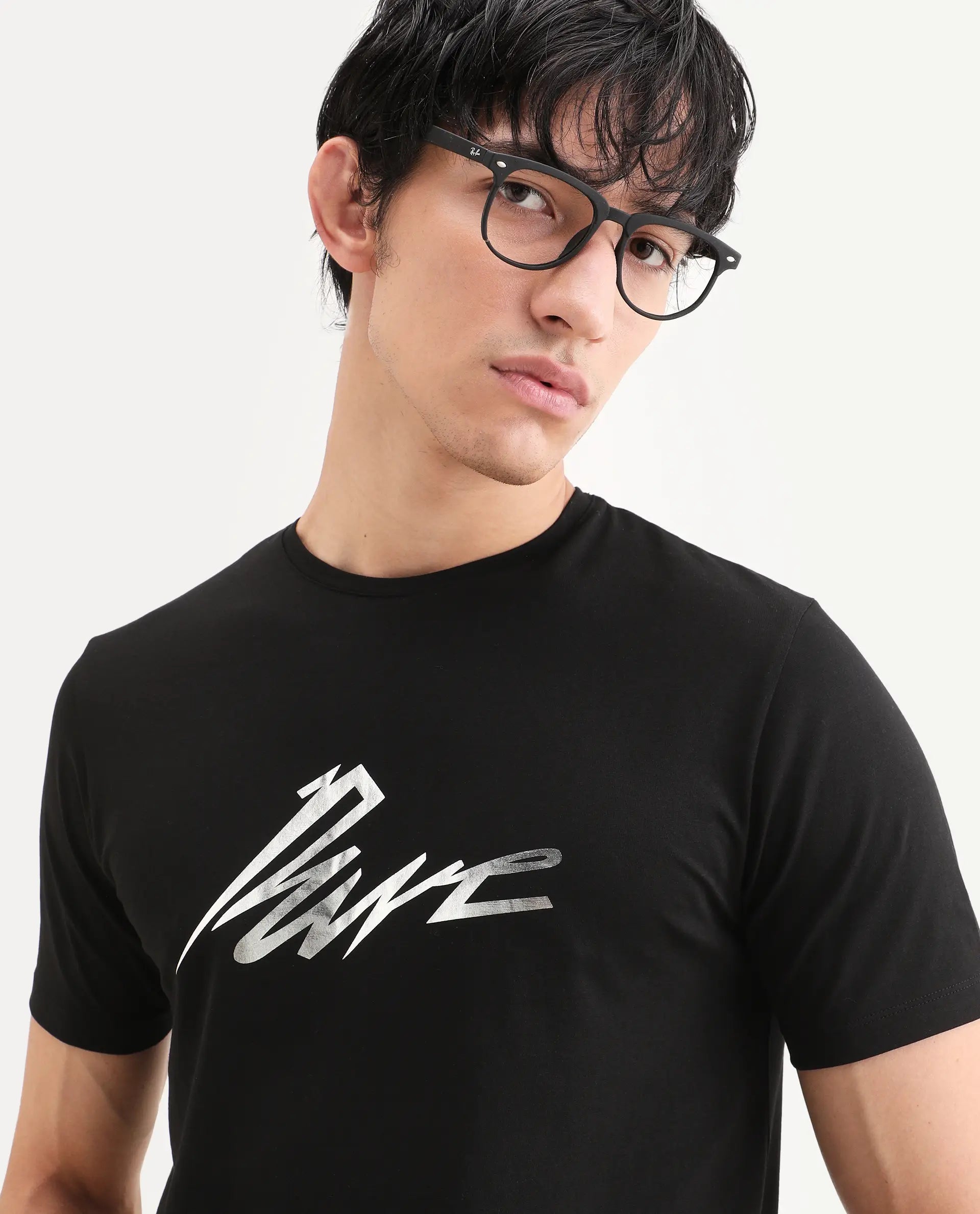 Rare Rabbit Men's Via Black Cotton Blend Fabric Half Sleeve Crew Neck Regular Fit Graphic Print T-Shirt