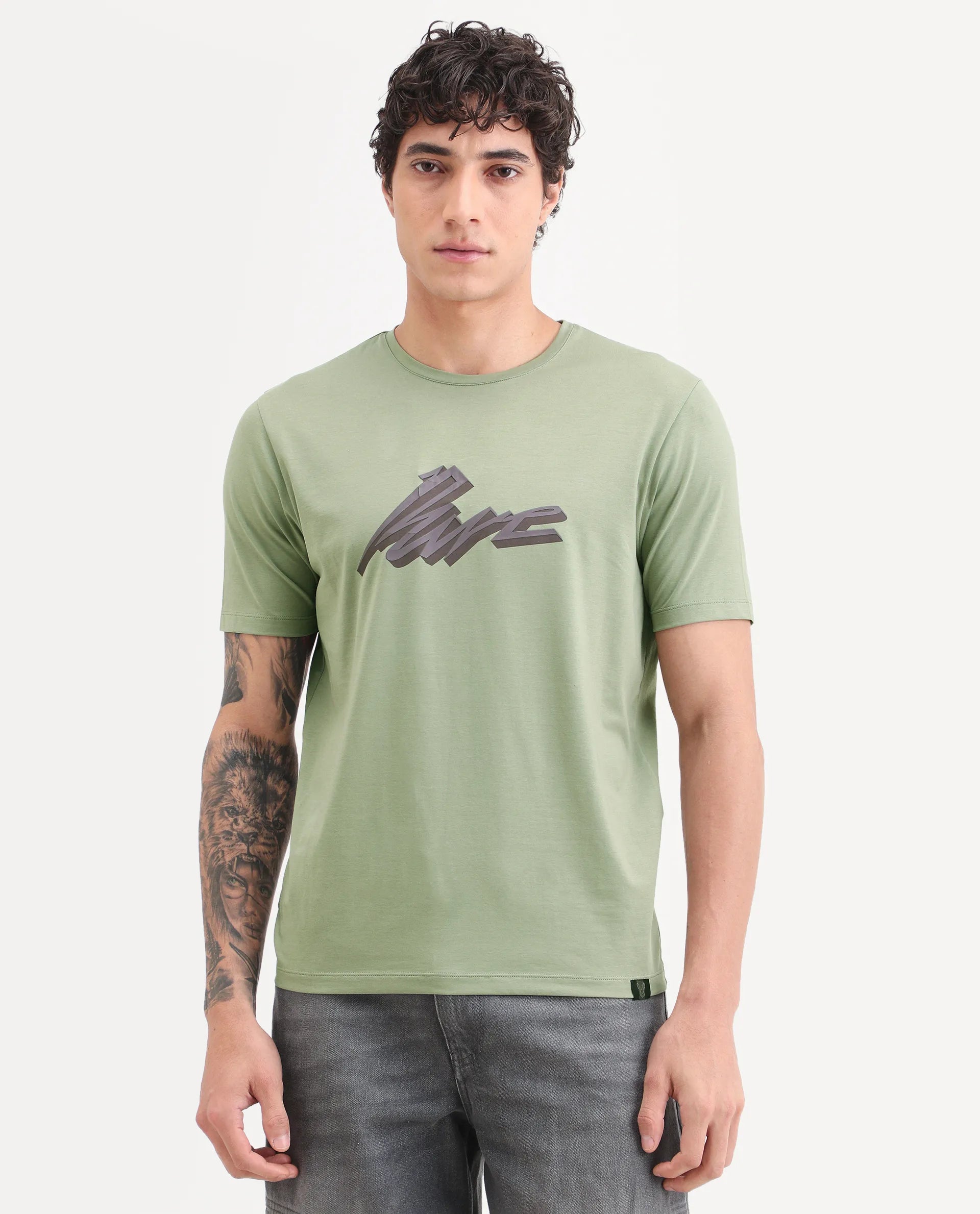 Rare Rabbit Men's Via Dusky Olive Cotton Blend Fabric Half Sleeve Crew Neck Regular Fit Graphic Print T-Shirt