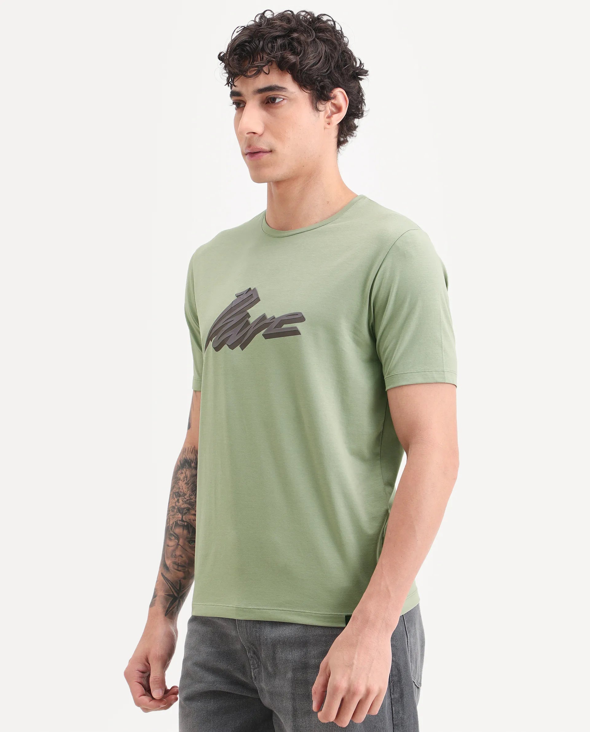 Rare Rabbit Men's Via Dusky Olive Cotton Blend Fabric Half Sleeve Crew Neck Regular Fit Graphic Print T-Shirt