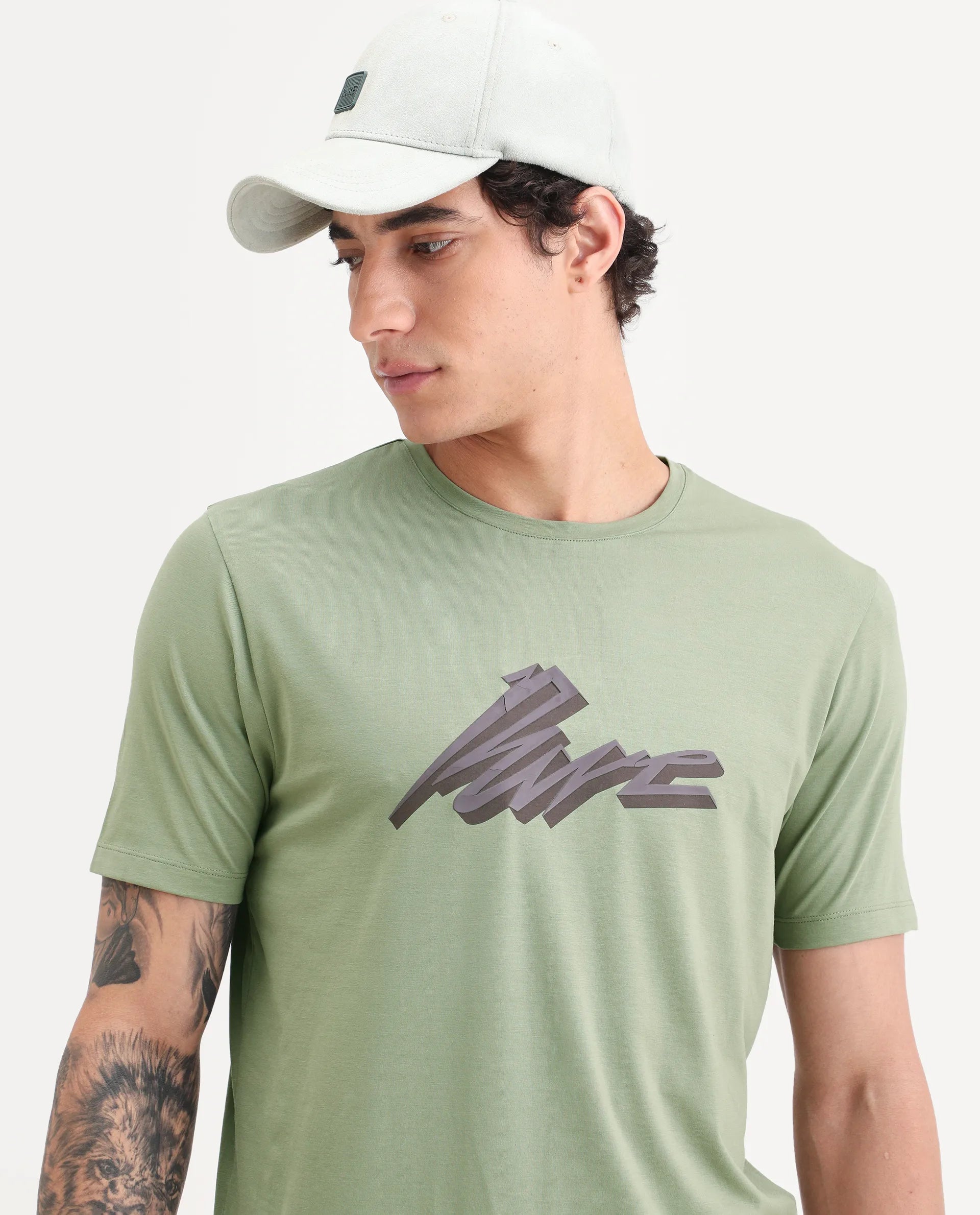 Rare Rabbit Men's Via Dusky Olive Cotton Blend Fabric Half Sleeve Crew Neck Regular Fit Graphic Print T-Shirt