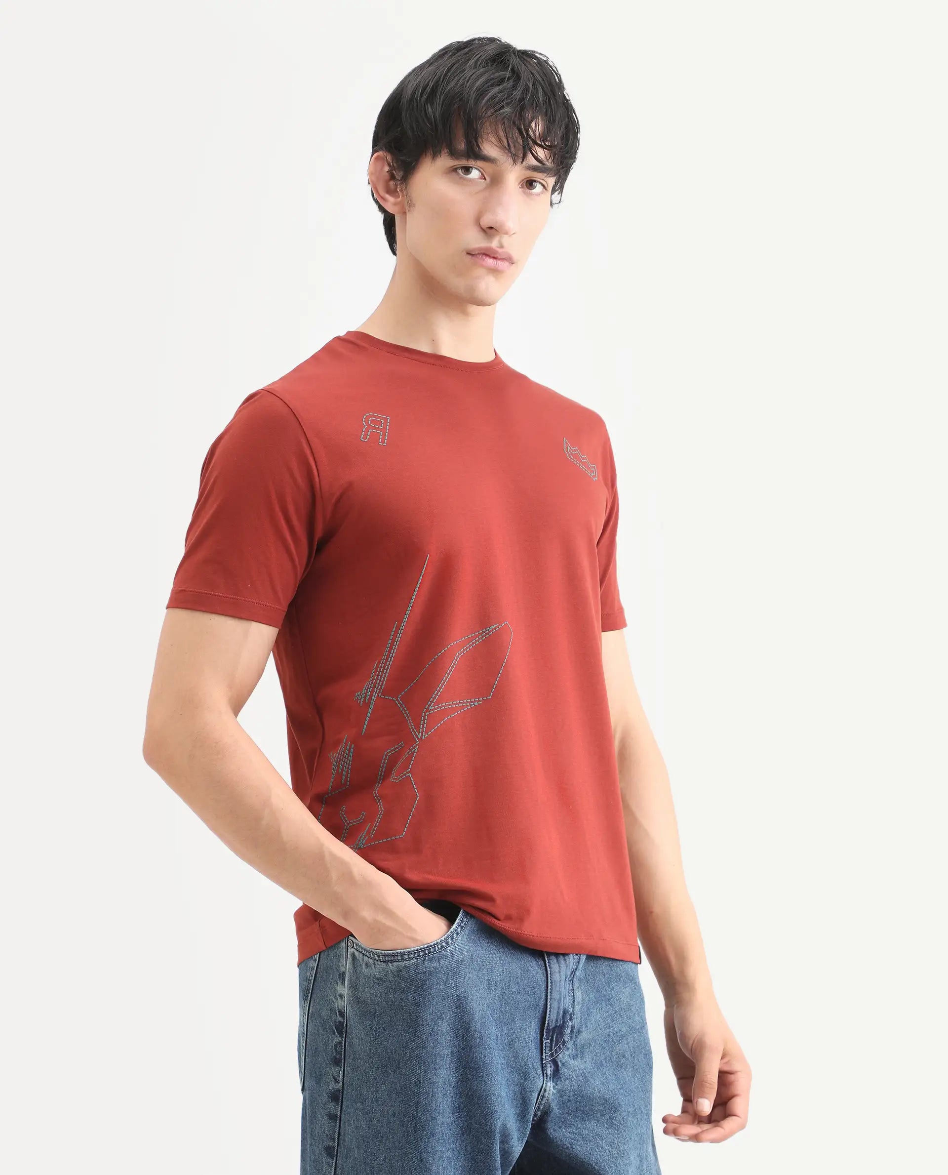 Rare Rabbit Men's Vin Rust Cotton Blend Fabric Half Sleeve Crew Neck Regular Fit T-Shirt